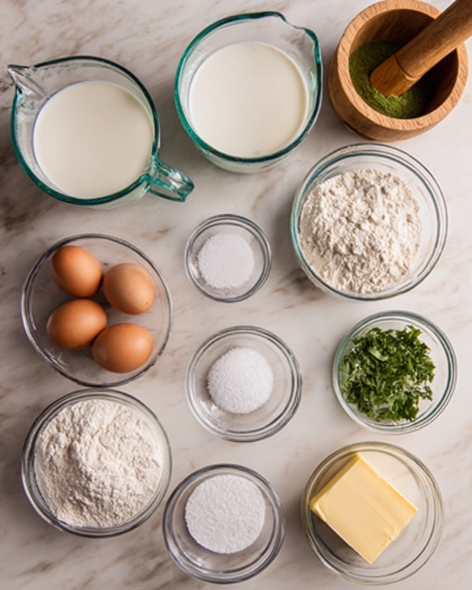 The image shows a white marbled surface with several clear glass bowls and measuring cups arranged neatly. There are two large measuring cups filled with white milk, positioned on the left side. Three brown eggs lie in a medium-sized clear bowl near the center bottom. A small bowl with white flour is on the right side. Two medium bowls of white granulated sugar are placed near the center. A small bowl of coarse salt sits near the top center. A small bowl of chopped green herbs or leaves is toward the top right. A small square of yellow butter rests in a clear bowl beside the herbs. A wooden mortar and pestle with green powder are at the top right corner. Photo taken with an iphone --ar 4:5 --v 7