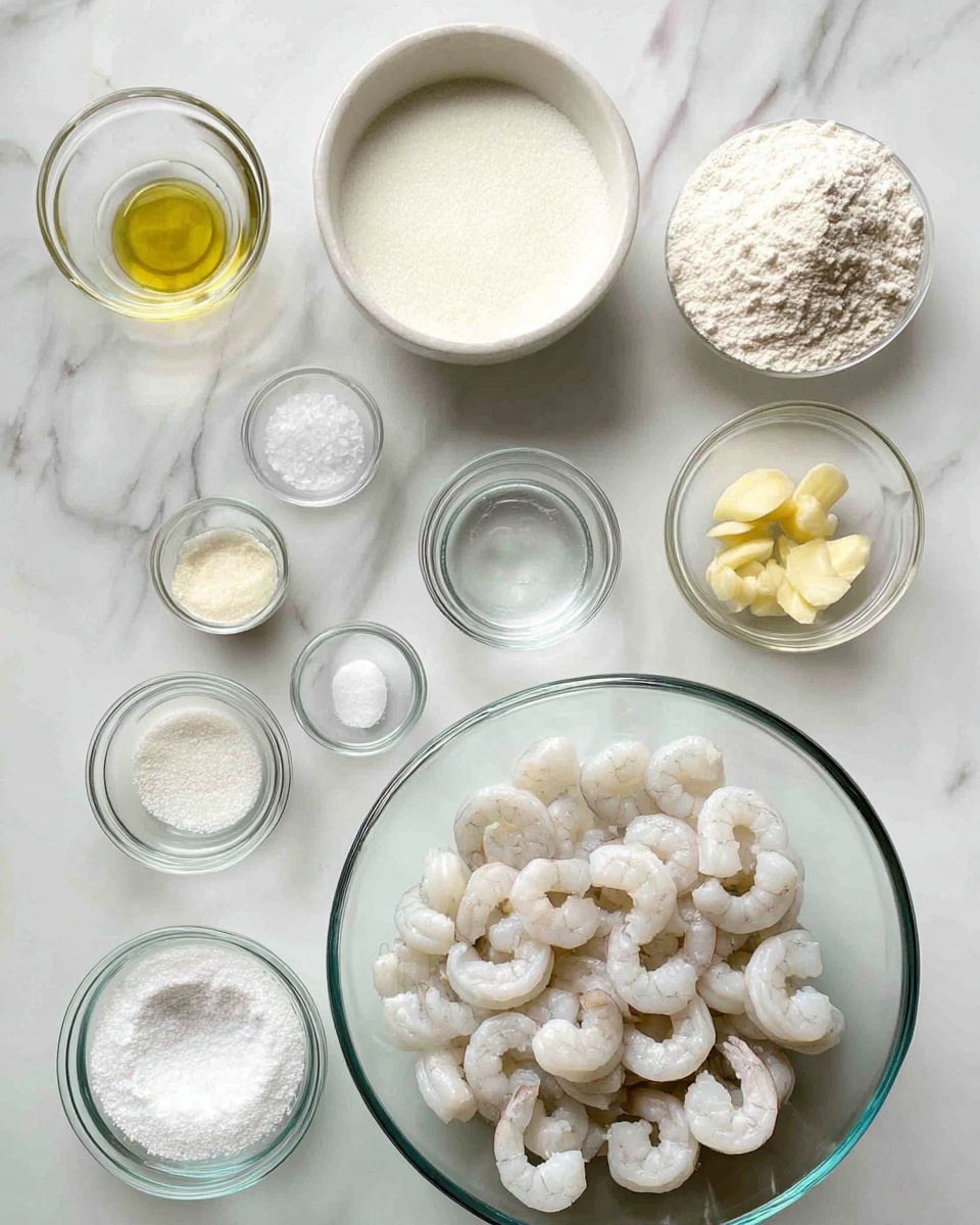 A white marbled surface holds several clear glass bowls with cooking ingredients arranged neatly. The largest bowl at the bottom right holds many frozen shrimp, pale and curved. To the top left, there is a medium white bowl filled with a thick white liquid. Around it, smaller bowls contain white flour, clear oil, white sugar, salt, white powder, clear water, and small pieces of yellow garlic. Each ingredient is clearly visible and organized in a clean way. Photo taken with an iphone --ar 4:5 --v 7