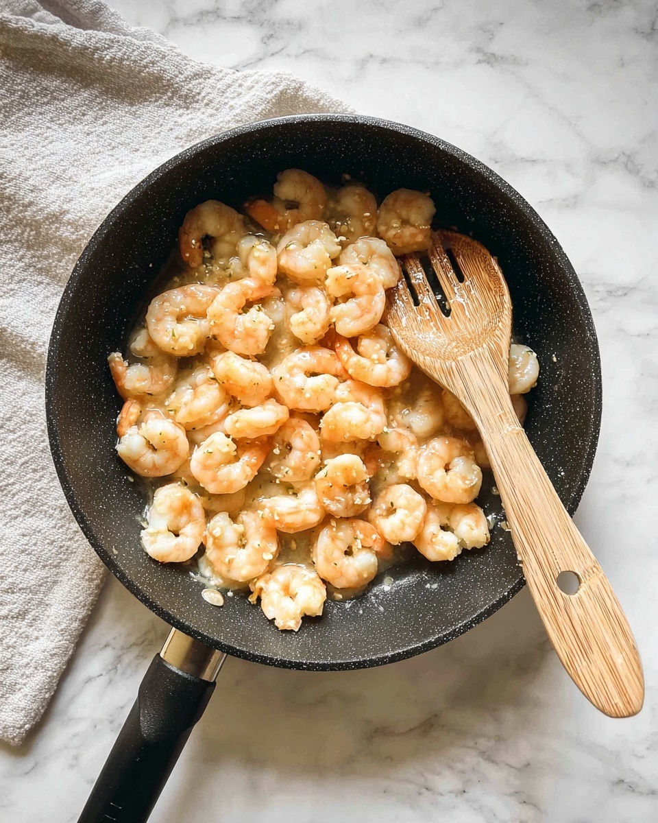 A black pan filled with one layer of small cooked shrimp that are light pink and shiny with sauce, a wooden spoon resting on the right side of the shrimp, all placed on a white marbled textured surface photo taken with an iphone --ar 4:5 --v 7