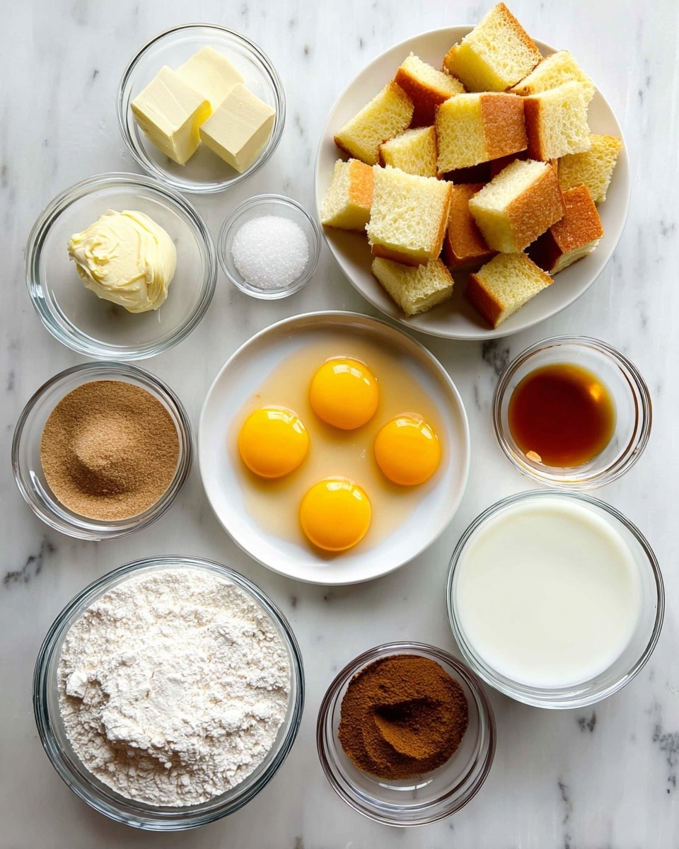 The image shows a flat lay of several clear glass bowls and a white plate arranged on a white marbled surface. The white plate holds many cubes of light yellow bread with golden brown crusts, stacked loosely together. Surrounding the plate are multiple glass bowls containing different ingredients: at the center is a bowl with five raw eggs showing bright yellow yolks and translucent whites, to its right is a large bowl filled with white milk, and below it is a smaller bowl filled with white flour. To the left of the eggs, there is a bowl of light brown soft butter, below it is a bowl of packed dark brown sugar, above that is a bowl of amber-colored vanilla extract, next to it a bowl of brown cinnamon powder, and finally a small bowl of white coarse salt. All containers and ingredients are neatly placed and clearly visible photo taken with an iphone --ar 4:5 --v 7