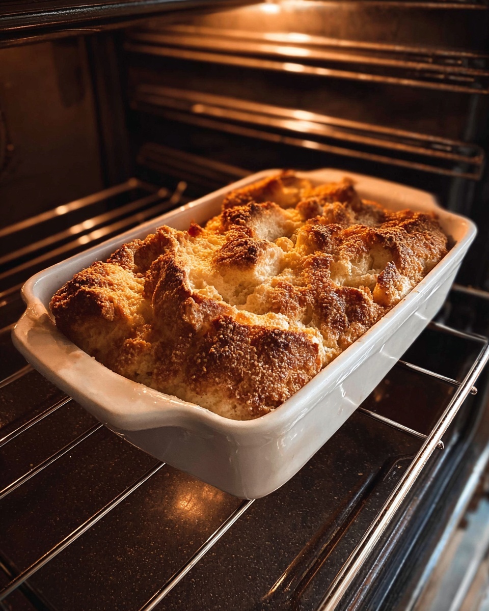 A white ceramic rectangular baking dish sits inside an oven showing a baked dish with a rough, uneven top crust that is golden brown with crisp edges and a crumbly texture. The crust has raised, irregular peaks and valleys, creating a layered look of crunchy baked dough. The dish is placed on a metal oven rack inside an oven cavity with dark metallic walls. The image shows warm light reflecting inside the oven. The photo taken with an iphone --ar 4:5 --v 7