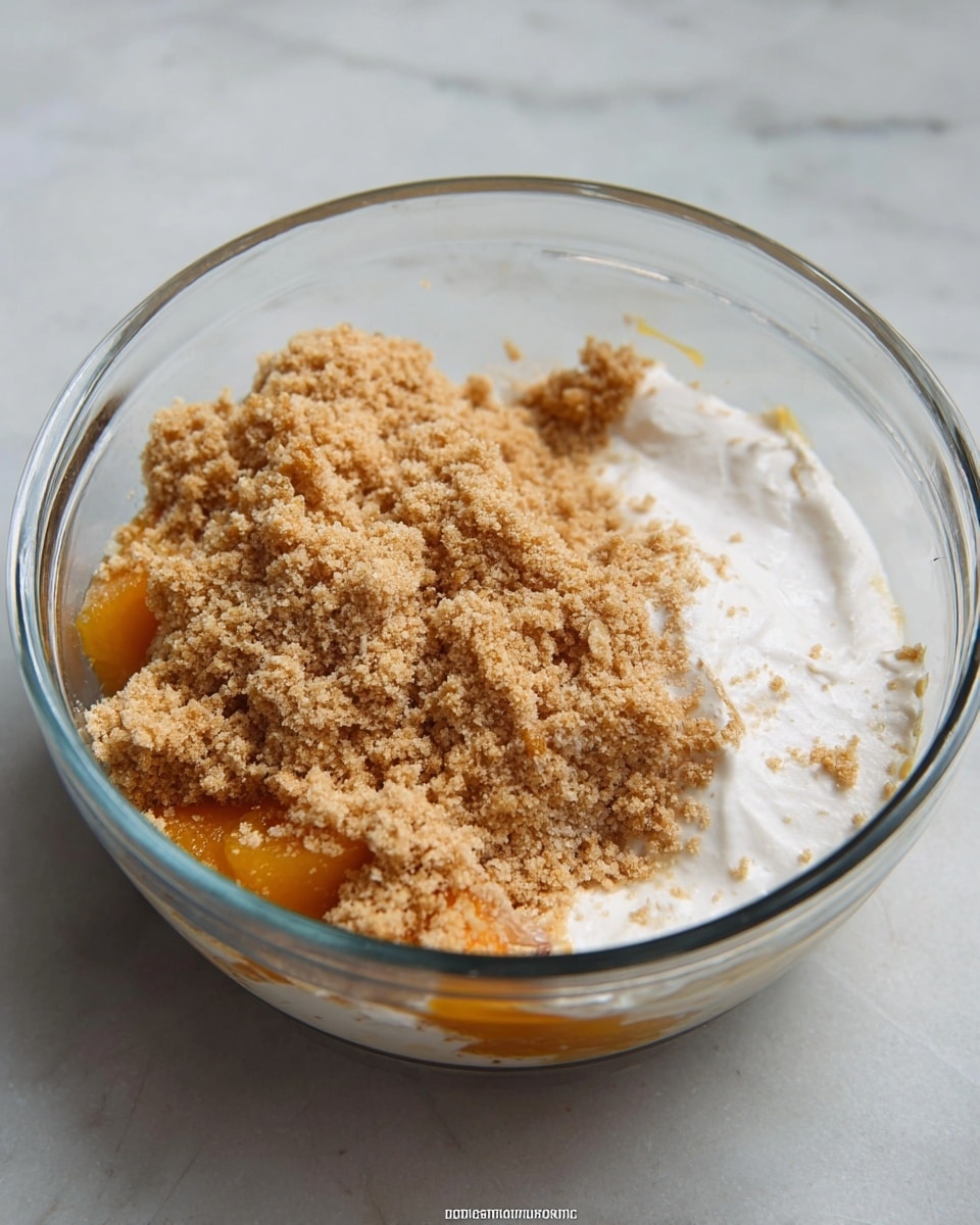 In a clear glass bowl placed on a white marbled surface, there is a dessert with three visible layers. The bottom layer consists of soft orange fruit pieces, partially covered by a thick layer of white creamy substance on the right side. On top of both, there is a large pile of light brown crumbly texture, resembling crushed cookies or biscuit crumbs. The bowl’s transparency shows the layers clearly, with the orange fruit pieces standing out against the white cream and light brown crumbs. photo taken with an iphone --ar 4:5 --v 7