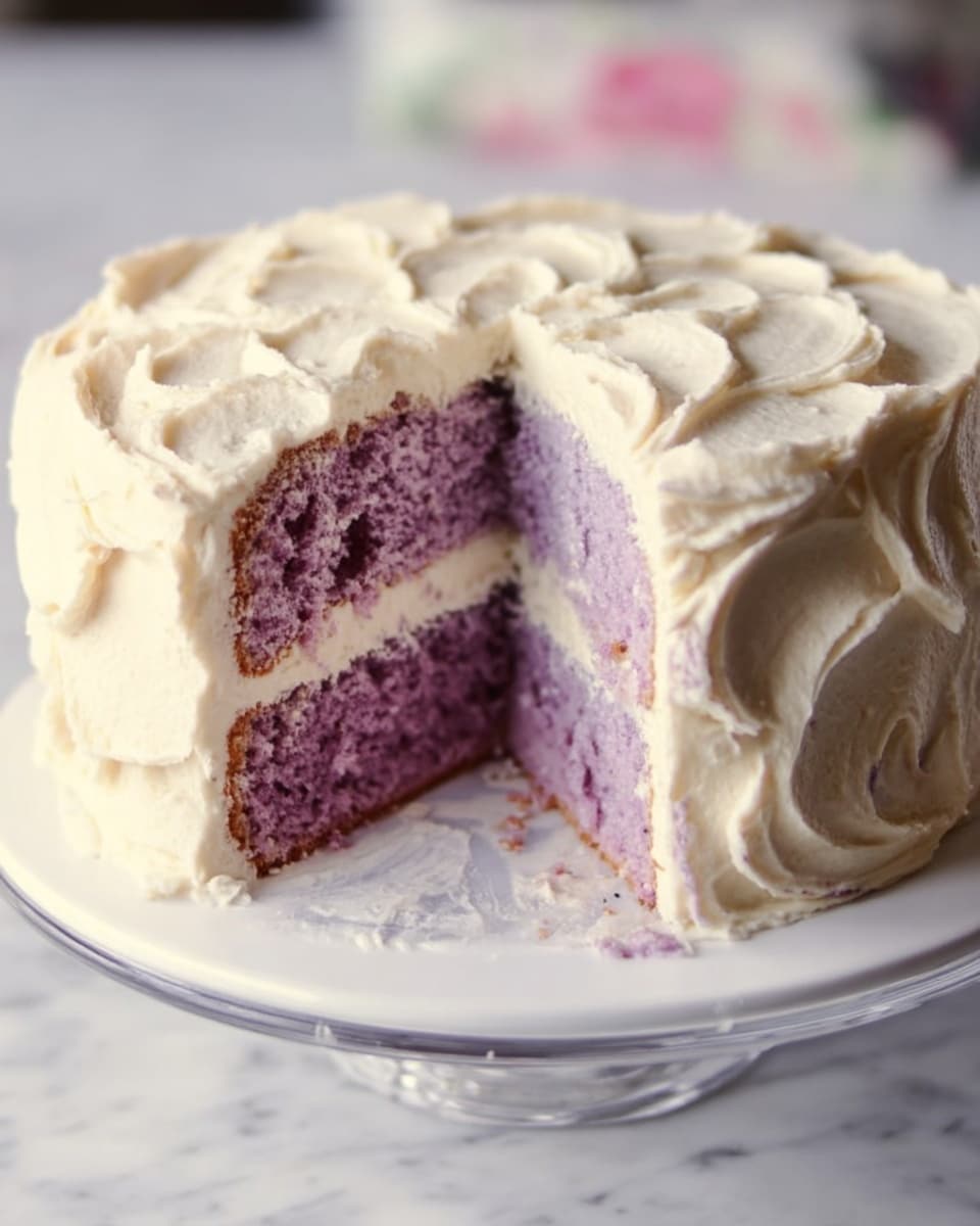 A two-layer round cake with light purple inside and a thick off-white creamy frosting covering the outside and top with swirled patterns. The cake is on a white plate with a clear base, placed on a white marbled surface. A slice is removed, showing the soft and moist texture of the purple cake layers separated by a thin layer of frosting. Photo taken with an iphone --ar 4:5 --v 7