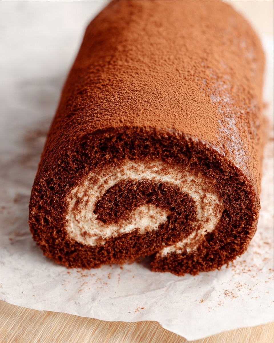 The image shows a close-up of a chocolate roll cake with two visible layers. The outer layer is a dark brown, soft sponge cake with a slightly porous texture. Inside, there is a lighter brown, creamy filling spread evenly in a spiral. The roll sits on a piece of white parchment paper placed on a white marbled surface. Photo taken with an iphone --ar 4:5 --v 7