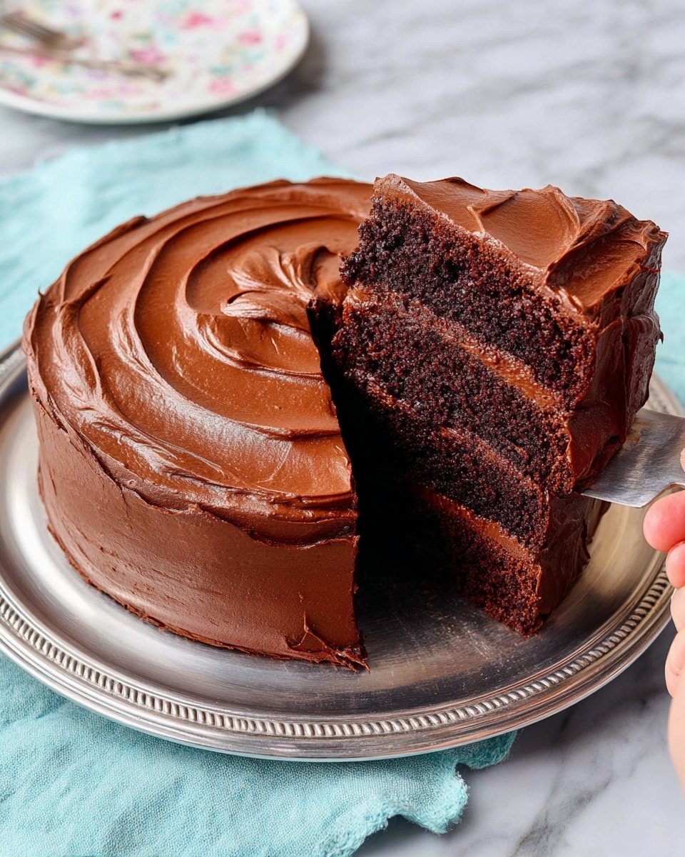 The image shows a round chocolate cake with two thick, dark brown layers separated by a smooth chocolate frosting layer. The cake is fully covered with glossy chocolate frosting that has a swirled texture on top. One slice is taken out and held by a woman's hand, showing the inside layers clearly. The cake sits on a shiny silver plate placed on a white marbled surface with a blue cloth in the background. photo taken with an iphone --ar 4:5 --v 7