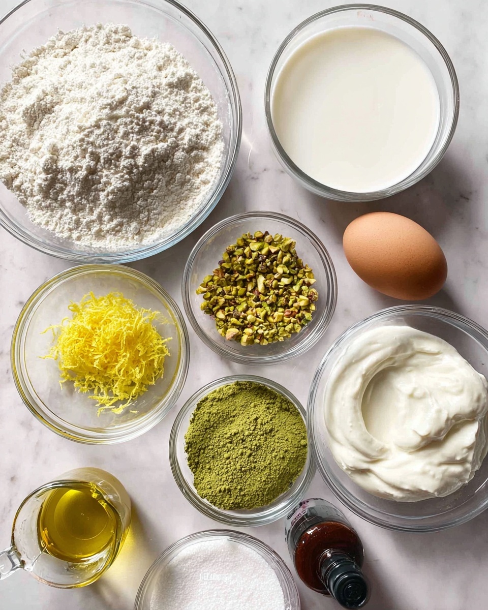 The image shows several clear glass bowls and a measuring cup arranged on a white marbled surface. In the largest bowl on the left, there is white flour with a powdery texture. Next to it is a small bowl filled with crushed pistachios, showing a rough greenish-yellow texture. Above that is a bowl of milk, smooth and white. To the right is a bowl of thick white yogurt with a creamy texture. In the center, a small bowl holds bright yellow lemon zest with a fine, shredded look. Below the zest is a bowl with green matcha powder, finely ground and vibrant. To the right of the matcha, a bowl contains white baking soda and baking powder. Below that, there is a single brown egg with a smooth shell. Next to the egg is a small dark brown bottle with a black cap. At the bottom left corner, a clear measuring cup contains golden yellow olive oil. Finally, a small bowl of white sugar is placed near the bottom center. Photo taken with an iphone --ar 4:5 --v 7