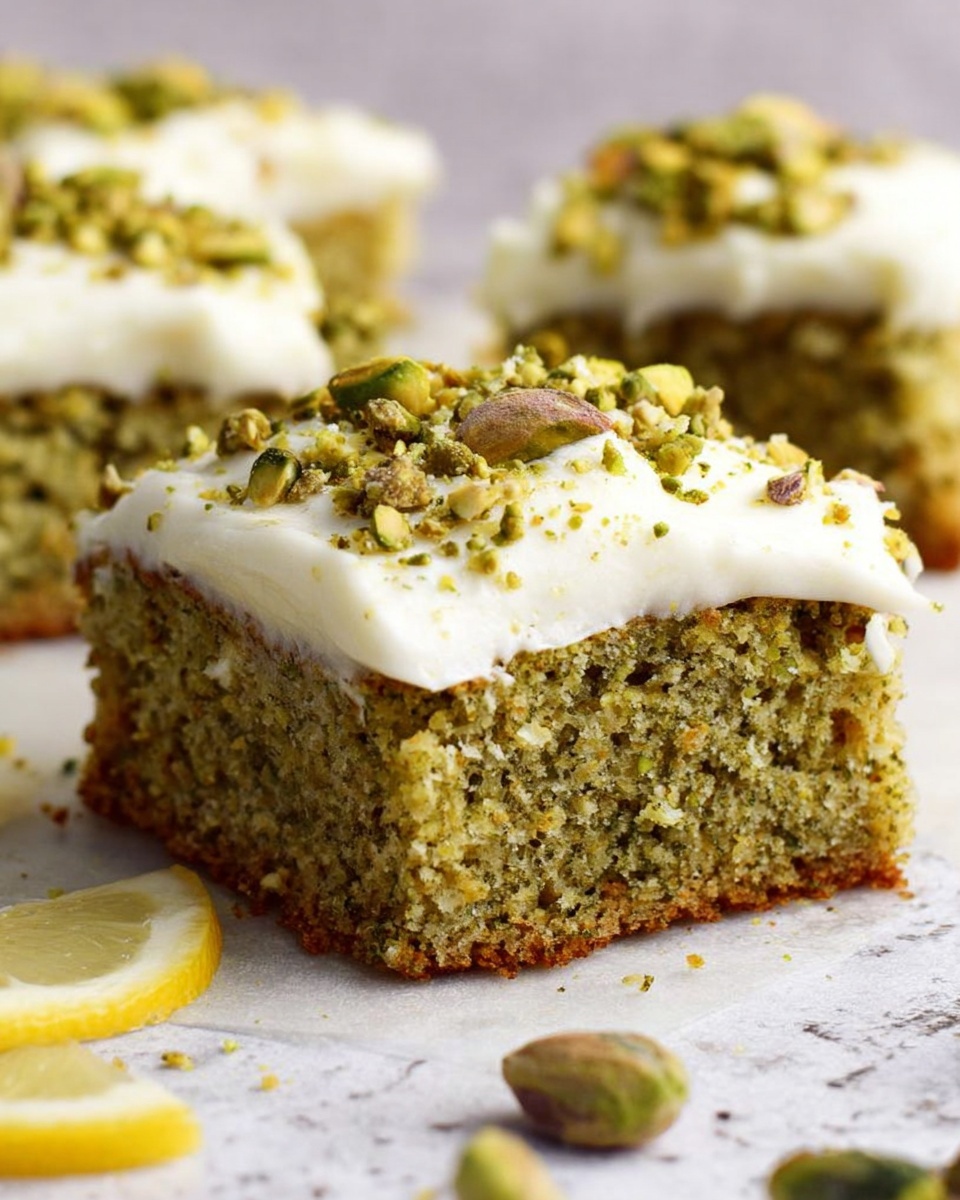 A square piece of moist pistachio cake with a rough greenish-brown texture topped with a thick, creamy white frosting layer sprinkled with crushed pistachio bits. The cake shows a soft, crumbly inside with a small layer of frosting in the middle. More pieces of the cake with the same frosting are blurred in the background on a white marbled surface. Some whole and shelled pistachios and a lemon slice are placed near the cake piece. Photo taken with an iphone --ar 4:5 --v 7