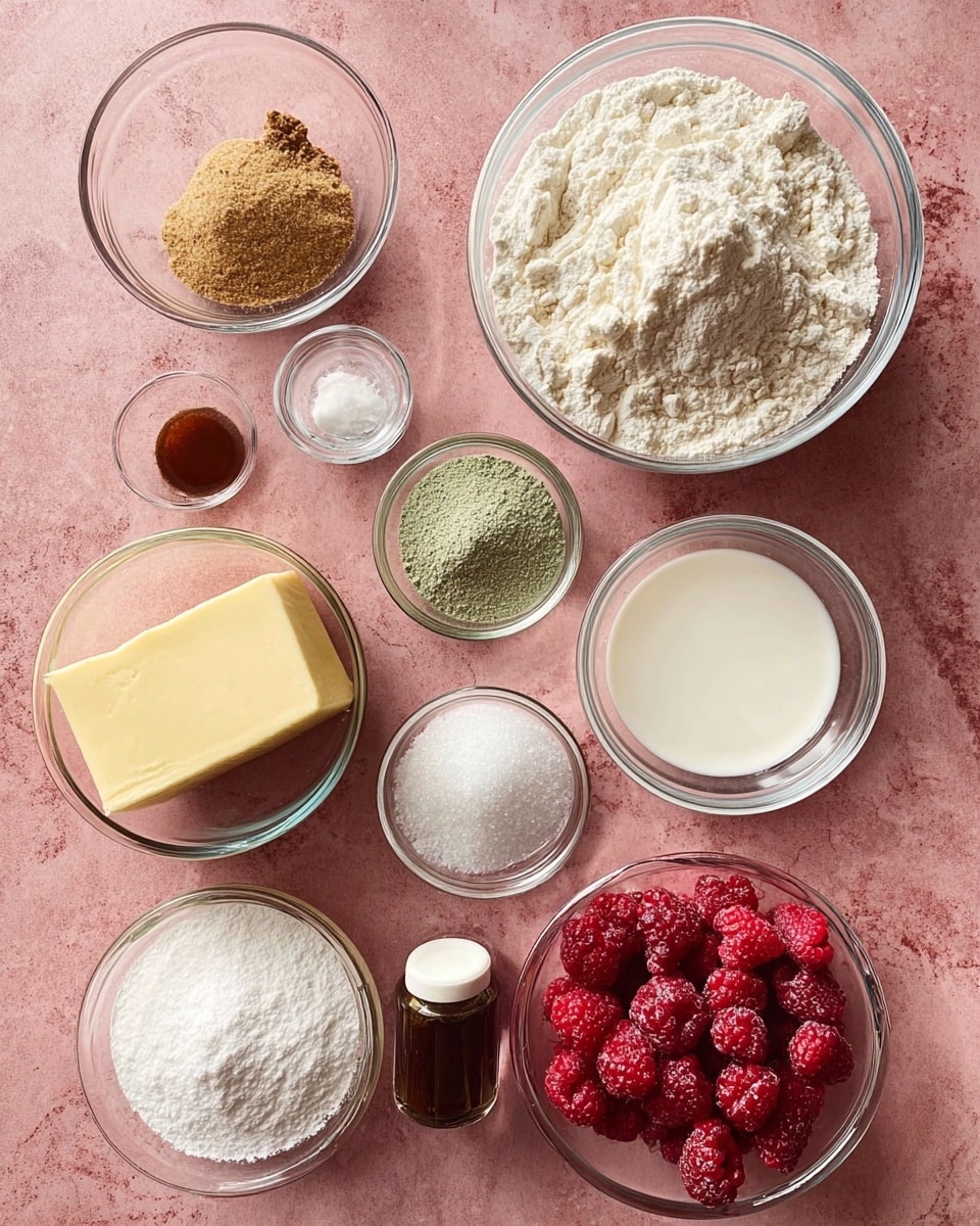 A top view of nine small clear glass bowls arranged on a soft pink textured surface, each holding different ingredients. The largest bowl at the top center is filled with off-white flour with visible soft clumps. Below and slightly to the left is a bowl of light brown spice mix. To its right is a bowl with white granulated sugar. Further right is a bowl with pale white liquid, appearing like milk. At the bottom left is a bowl holding a large block of solid pale yellow butter. Near it are two tiny bottles, one clear and one dark brown, both with caps. To the right of these bottles is a bowl with white powder, likely baking powder or cornstarch. At the far right bottom corner is a bowl filled with bright red frozen raspberries with visible frosty texture. Above this bowl and to the right of the flour bowl is a smaller bowl containing three piles of fine powders in green, white, and light gray colors. The entire scene is on a white marbled textured surface. photo taken with an iphone --ar 4:5 --v 7
