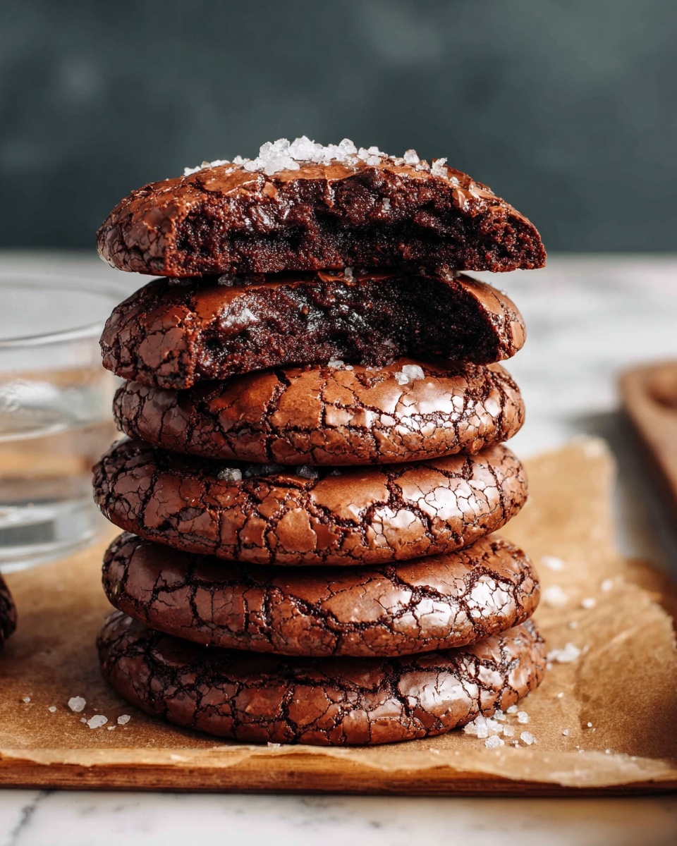 A stack of six cracked chocolate cookies is shown on a piece of parchment paper over a wooden tray, with the top three cookies bitten to reveal a dense, moist, and dark chocolate inside. The cookies have a shiny, crackly surface with uneven textures, and some salt flakes are visible on the top cookie and around the base. The background is softly blurred with dark tones, and a glass of water is on the white marbled surface nearby. photo taken with an iphone --ar 4:5 --v 7