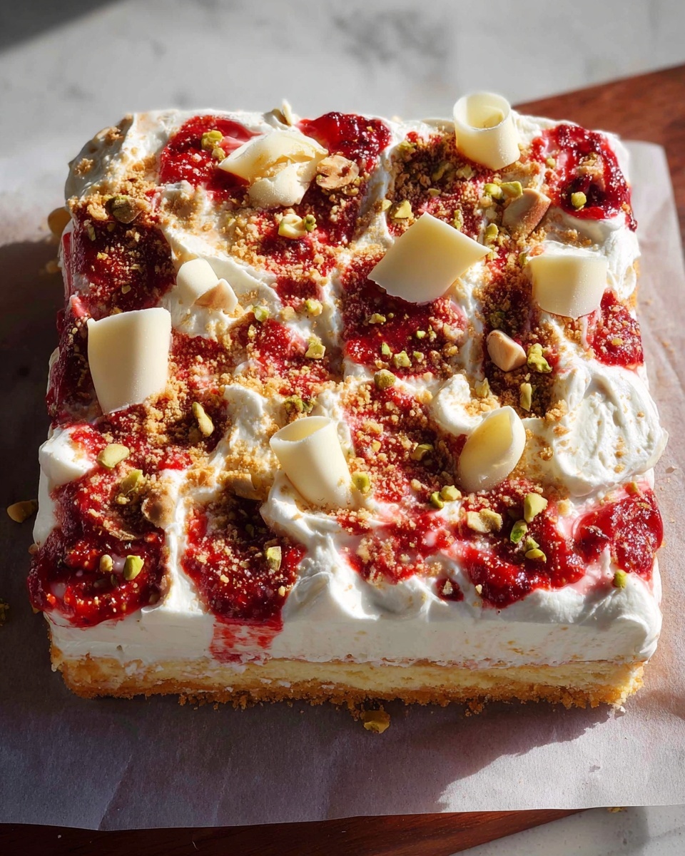 A square cake with one visible layer has a light golden brown base. The top layer is thick white whipped cream spread unevenly. On the whipped cream, there are red swirls of fruit sauce scattered around, along with small green chopped nuts and light brown crumbs sprinkled evenly. Large white chocolate curls are placed throughout the top, adding texture and contrast. The cake is on parchment paper, resting on a white marbled surface. photo taken with an iphone --ar 4:5 --v 7