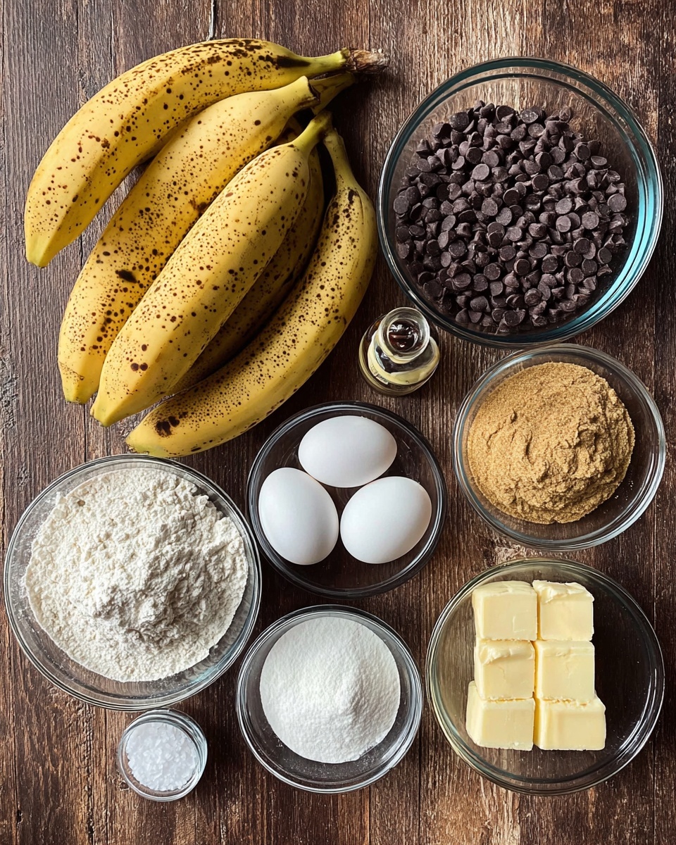 The image shows a collection of baking ingredients arranged neatly on a wooden surface. There are three ripe bananas with spots, two white eggs placed close to the bananas, a small glass bowl of mini chocolate chips, a bowl with packed brown sugar, a bowl filled with white flour, another small glass bowl with three cubes of butter, and a small glass dish containing white baking ingredients like baking soda and salt. A small bottle of vanilla extract is also visible near the bananas. All items are presented clearly and look ready for baking photo taken with an iphone --ar 4:5 --v 7