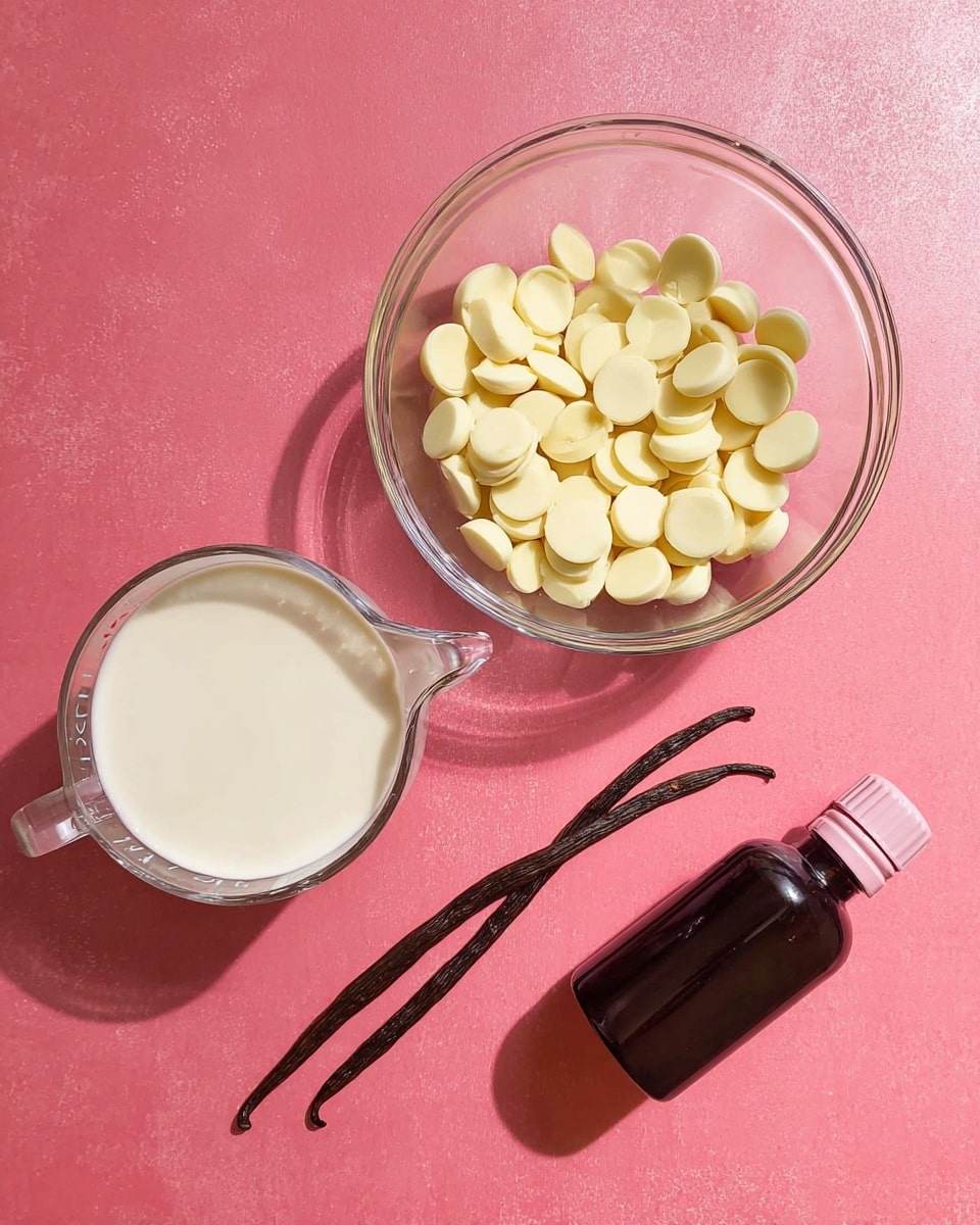 A clear glass bowl filled with smooth, small, pale yellow discs placed near the top center of the image. Below it, slightly to the left, a clear glass measuring cup holds a creamy white liquid. To the right of the measuring cup, two long, thin, dark brown vanilla pods are laid out side by side. Near the bottom right corner, a small dark brown bottle with a pink cap is positioned. All items rest on a bright pink surface. Photo taken with an iphone --ar 4:5 --v 7