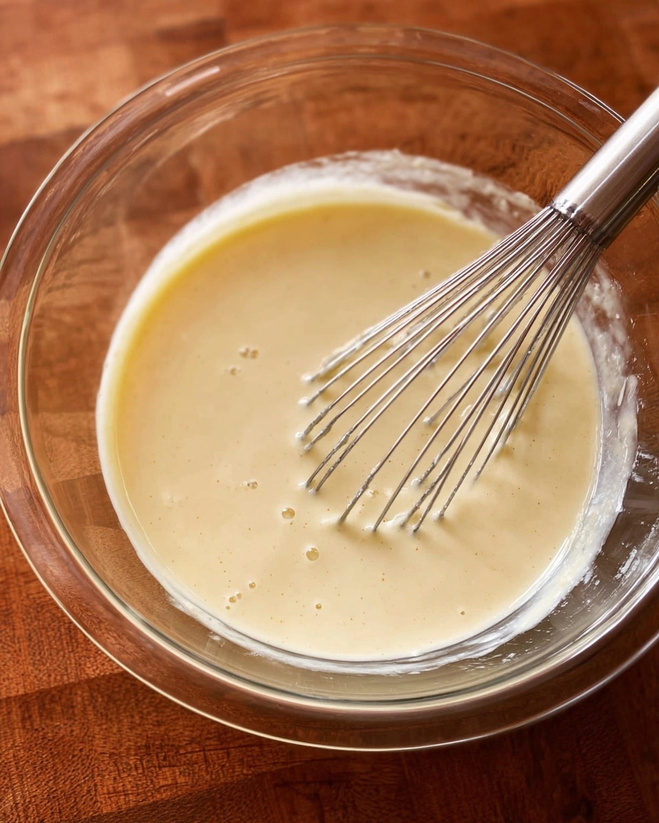 A clear glass bowl holds a smooth, light yellow batter with a few small bubbles on the surface, showing a creamy and slightly thick texture. Inside the bowl, to the right, there is a shiny metal whisk resting on the batter, its thin wires slightly coated with the mixture. The bowl is placed on a warm brown wooden surface. The image is close up, focusing on the batter and whisk. Photo taken with an iphone --ar 4:5 --v 7