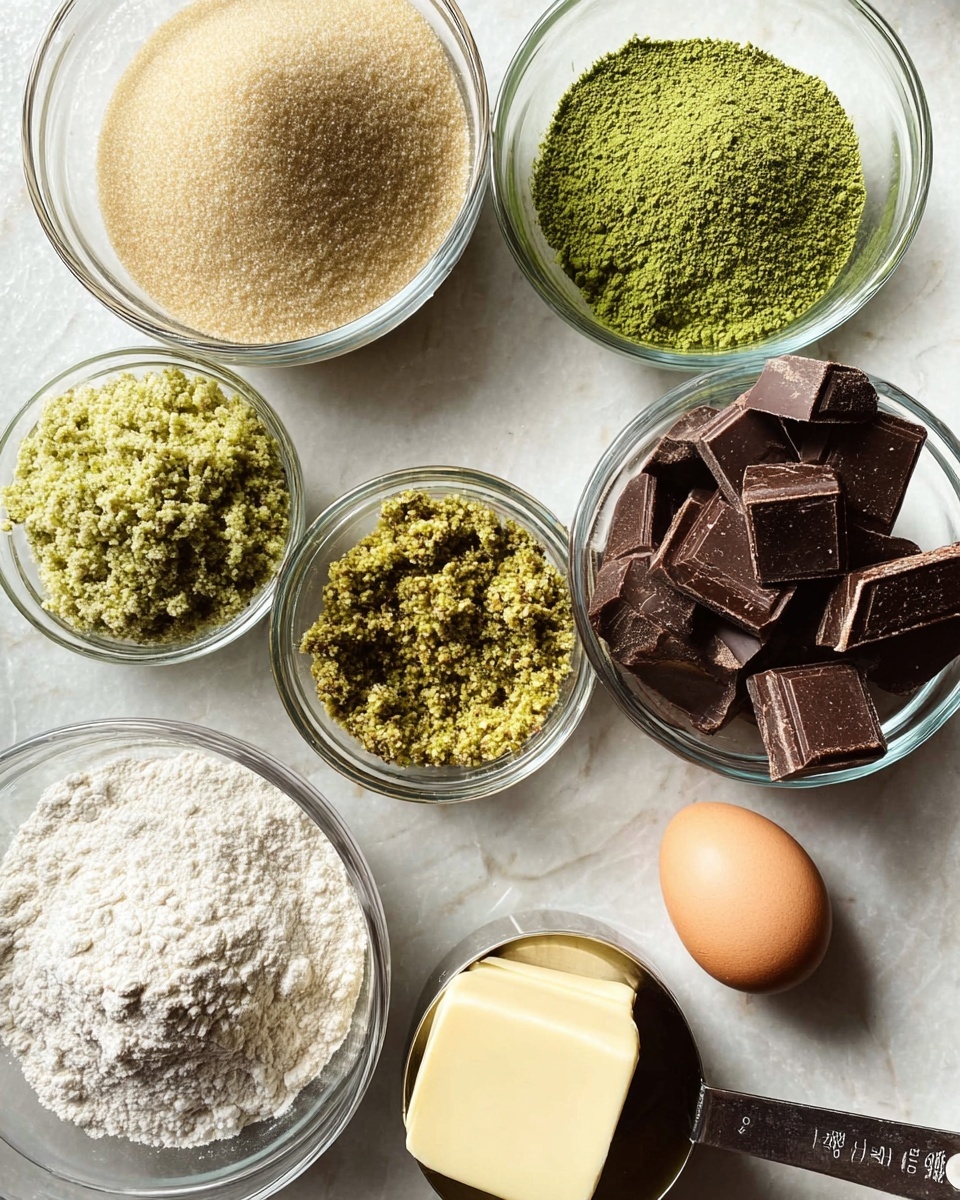 The image shows several clear glass bowls and a metal measuring cup arranged on a white marbled surface, each containing different ingredients. Starting from the top left, there is a large bowl filled with light beige sugar, next to it on the right is a smaller bowl with bright green matcha powder, and below that a bowl holds a thick, grainy green paste. To the left of the paste is another bowl packed with crushed pistachios in a sandy green color. Below this, in the bottom left, a large bowl contains white flour. In the center right, a single brown egg rests on the marbled surface. A metal measuring cup filled with large chunks of dark chocolate is positioned beside the egg. In the bottom center bowl, there is a block of pale yellow butter. All the ingredients are clearly separated and presented in neat glass containers. photo taken with an iphone --ar 4:5 --v 7