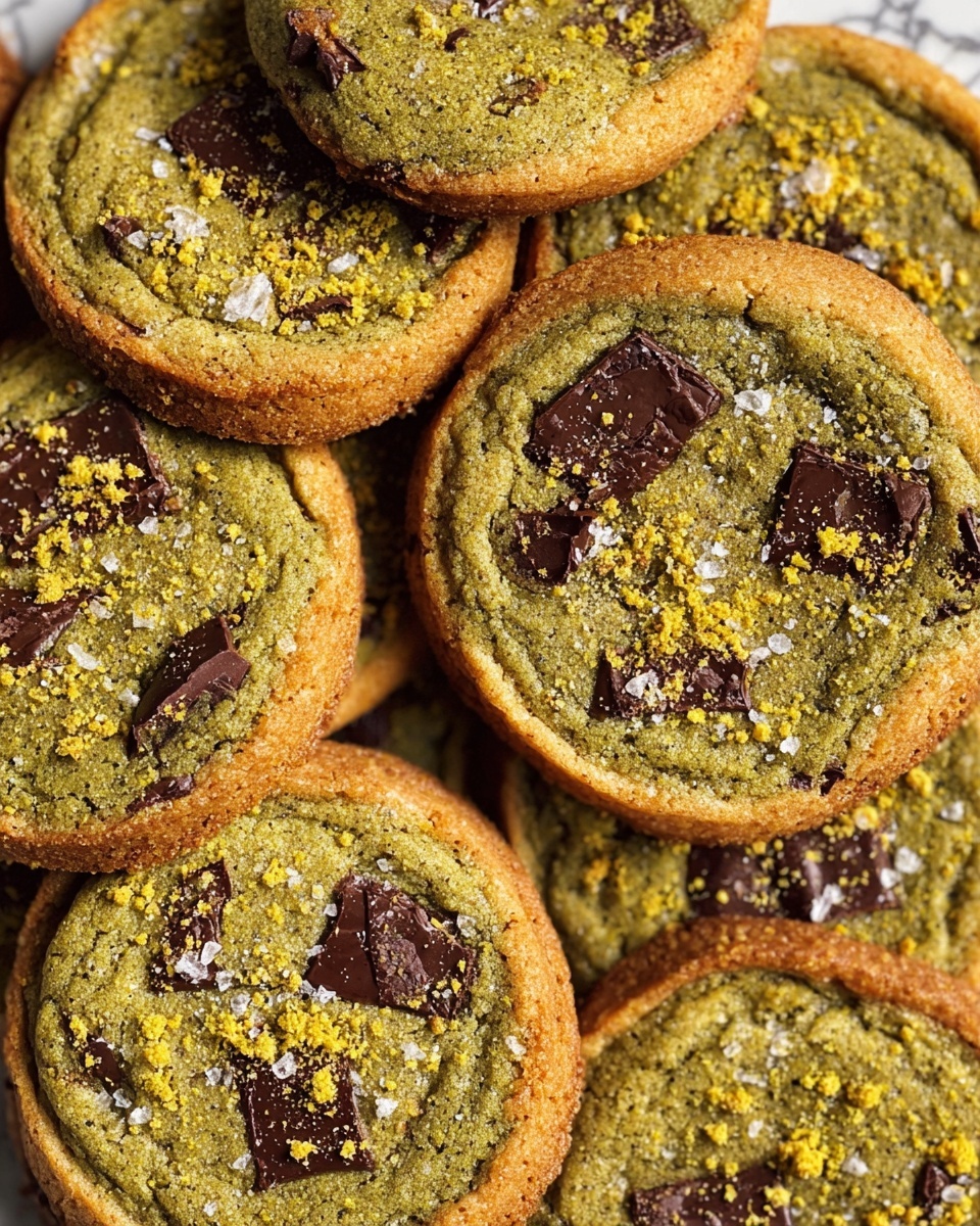 A close-up view of a pile of round cookies with a golden brown edge and a greenish interior. Each cookie has chunks of dark chocolate embedded in the top layer, along with a scattered sprinkle of yellow crushed nuts or crumbs and a light dusting of coarse salt. Some cookies show slight cracks and a soft texture in the middle, with one cookie partly overlapped by others. The background has a white marbled texture photo taken with an iphone --ar 4:5 --v 7