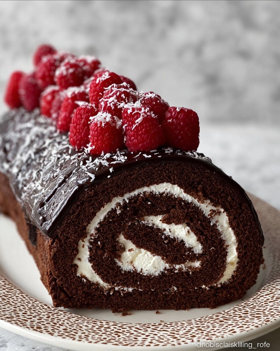 A chocolate roll cake with three visible layers of dark brown chocolate sponge and two layers of white cream filling spiraled inside. The top of the roll is covered with shiny dark chocolate glaze, piled with fresh red raspberries, and lightly sprinkled with white coconut flakes. The cake sits on a white plate with a light brown intricate pattern. The background is a white marbled texture. Photo taken with an iphone --ar 4:5 --v 7