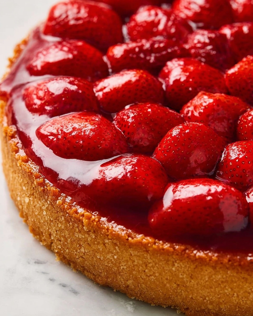 This image shows a close-up of a strawberry tart with three visible layers. The bottom layer is a thick, golden-brown crust with a crumbly texture, forming a rounded edge that holds the tart. The middle layer is a smooth, glossy, deep red strawberry glaze, slightly translucent, covering the filling underneath. The top layer consists of whole strawberries, glistening with a shiny red syrup, packed tightly and covering the entire surface. The tart is placed on a white marbled texture surface. photo taken with an iphone --ar 4:5 --v 7