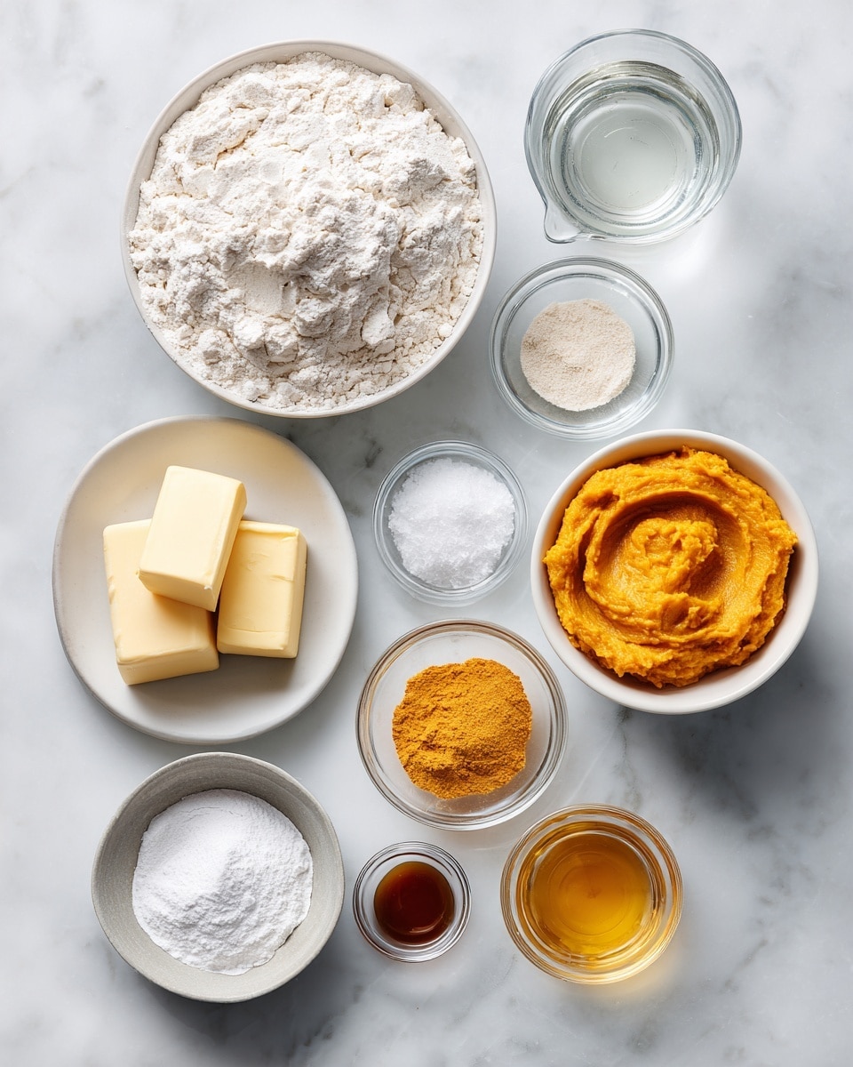 Top-down professional food photography, flat lay style, bright white marble countertop, neatly arranged, evenly spaced, tidy, clean organized layout, include: bowl of all-purpose flour, small bowl of baking powder, small bowl of dry yeast, small bowl of sugar, glass measuring cup of warm water, small plate of butter, small bowl of smooth pumpkin puree, bright soft natural lighting, sharp focus, high detail textures, realistic reflections, professional DSLR look, 4K, no finished dish, no cooked food, no hands, no text, no watermark, no brand logos --ar 4:5 --v 7