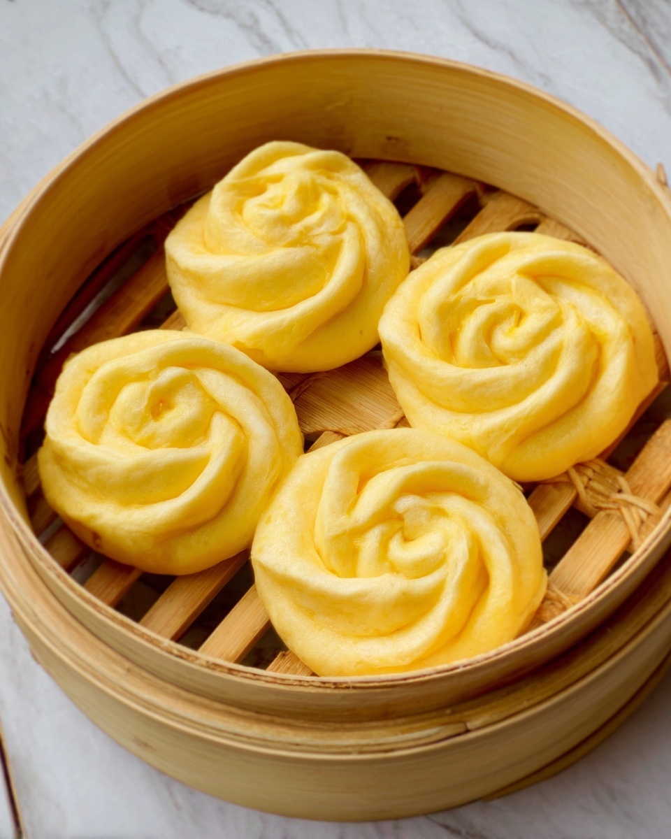 The image shows four soft yellow steamed buns shaped like roses, placed inside a light bamboo steamer. Each bun has multiple swirled layers resembling petals, with smooth and slightly shiny surfaces. The bamboo steamer has thin slats visible under the buns, and the background is a white marbled texture. photo taken with an iphone --ar 4:5 --v 7