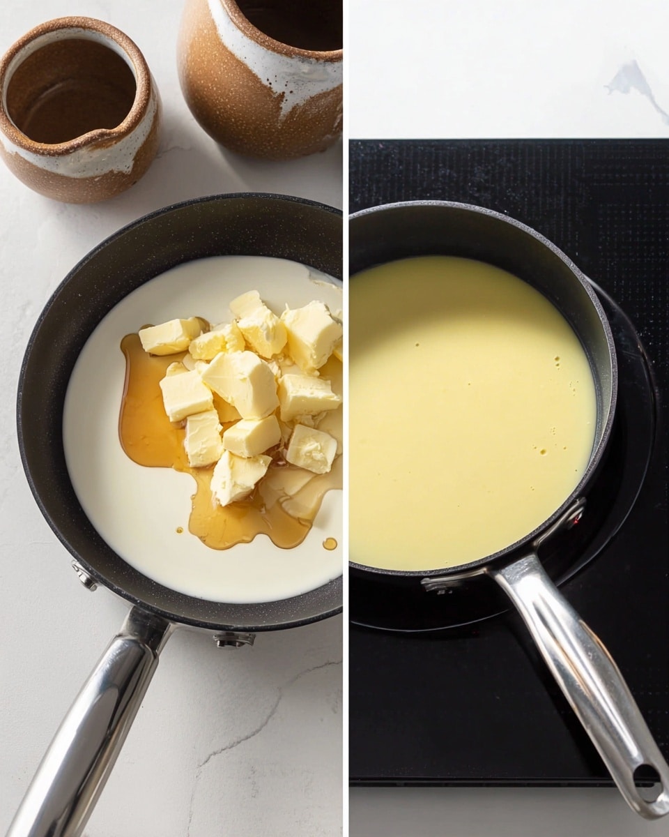 The image shows two side-by-side views of a small black frying pan with a silver handle. On the left, inside the pan is a layer of white liquid, likely cream, topped with several uneven chunks of pale yellow solid butter and dark amber syrup drizzled over it. In the background, there are rustic brown pottery mugs with white glaze drips and a white marbled surface under the pan. On the right, the pan is on a black glass stovetop with a shiny silver handle visible, containing a smooth, even layer of light yellow liquid cooking gently, showing a slightly thicker center area of lighter color. The setting has a clean, white marbled surface. photo taken with an iphone --ar 4:5 --v 7