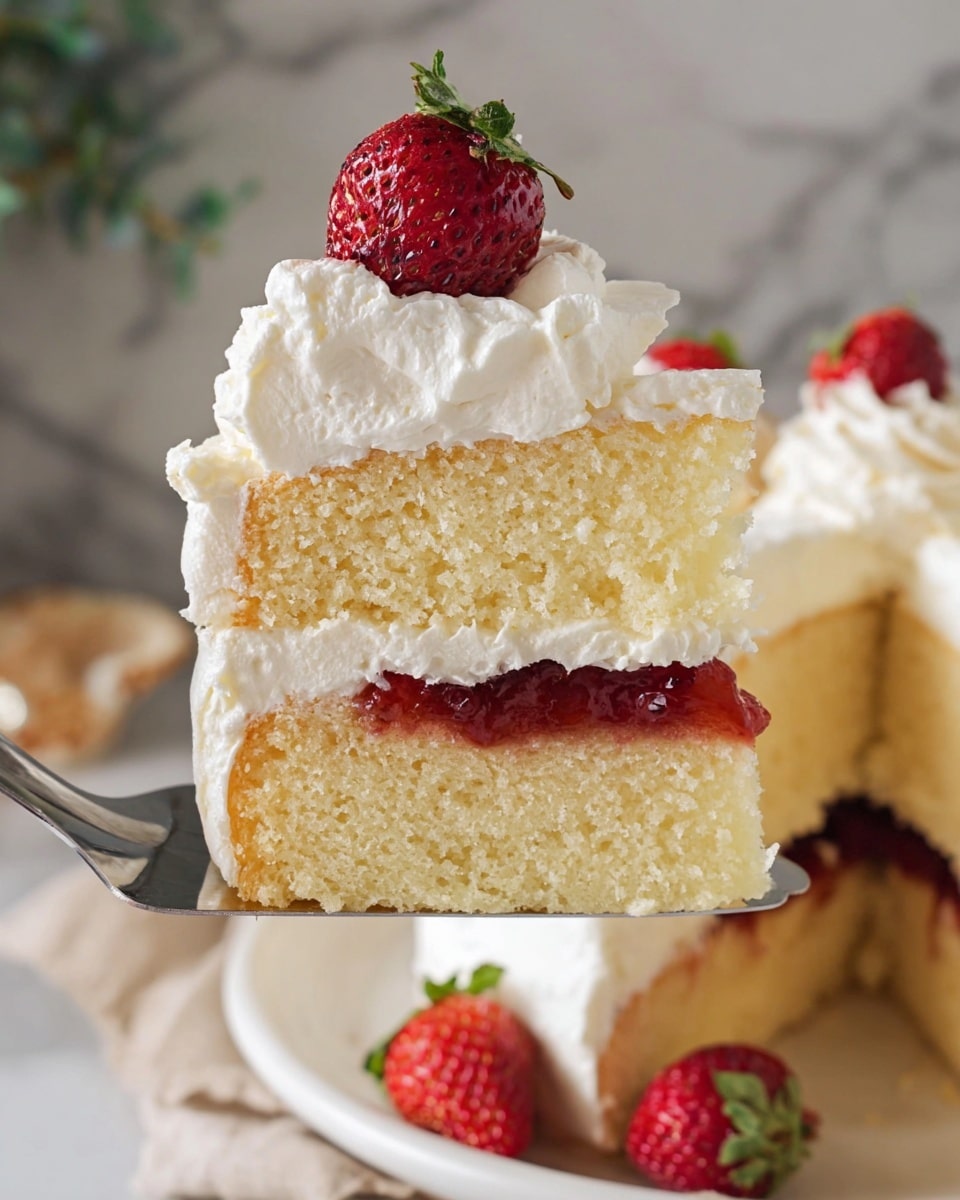A slice of two-layer light yellow sponge cake is shown being lifted with a metal spatula. The bottom layer is topped with a thick layer of white whipped cream and a visible layer of red strawberry jam in the middle. The top layer has a thick, fluffy dollop of white whipped cream covering the whole surface, and it is decorated with a fresh red strawberry on top. The cake sits on a white plate with more whipped cream and strawberries on the side, all placed on a white marbled surface with a blurred background. photo taken with an iphone --ar 4:5 --v 7