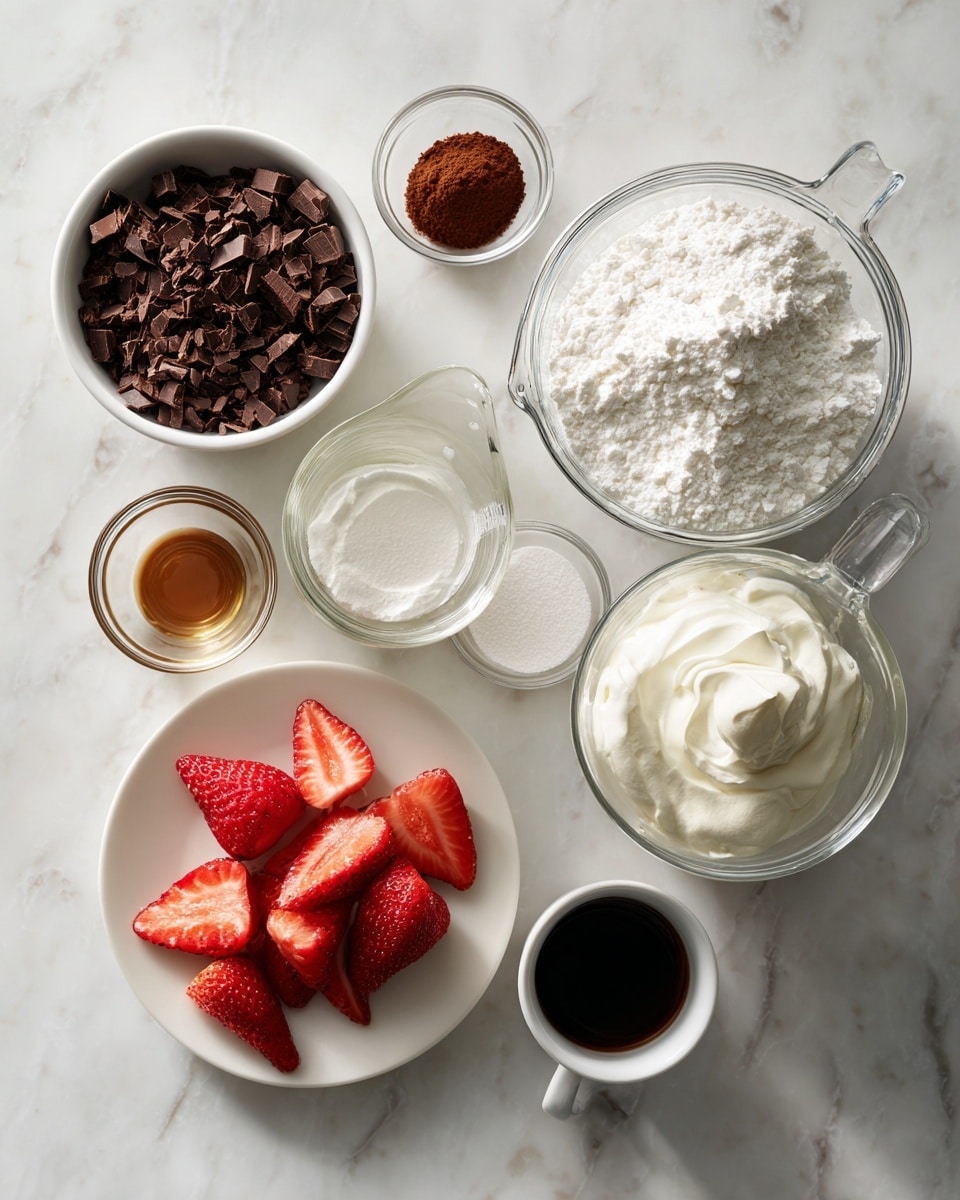 Top-down professional food photography flat lay style, bright white marble countertop, neatly arranged, evenly spaced, tidy, clean organized layout, include: small bowl of finely chopped dark or semi-sweet chocolate, small bowl of espresso powder, small glass cup of vanilla flavoring, large glass measuring cup of whipping cream, small glass measuring cup of cold whipping cream, small bowl of powdered sugar, small plate with halved fresh strawberries, bright soft natural lighting, sharp focus, high detail textures, realistic reflections, professional DSLR look, 4K, no finished dish, no cooked food, no hands, no text, no watermark, no brand logos --ar 4:5 --v 7