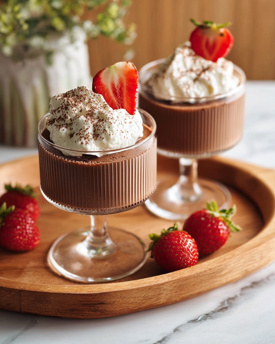 Two chocolate mousse desserts are served in clear glass cups with long stems, placed on a wooden tray set on a white marbled surface. Each dessert has three visible layers: a smooth dark brown chocolate mousse base with vertical ridges on the cup's side, a thin flat layer of shiny dark chocolate on top, and a large dollop of white whipped cream with light brown specks sprinkled over it. A fresh red half strawberry with green seeds is placed on top of each whipped cream layer. Two fresh whole strawberries and one half strawberry are also on the wooden tray near the glass cups. Soft natural light highlights the creamy textures and rich colors. photo taken with an iphone --ar 4:5 --v 7