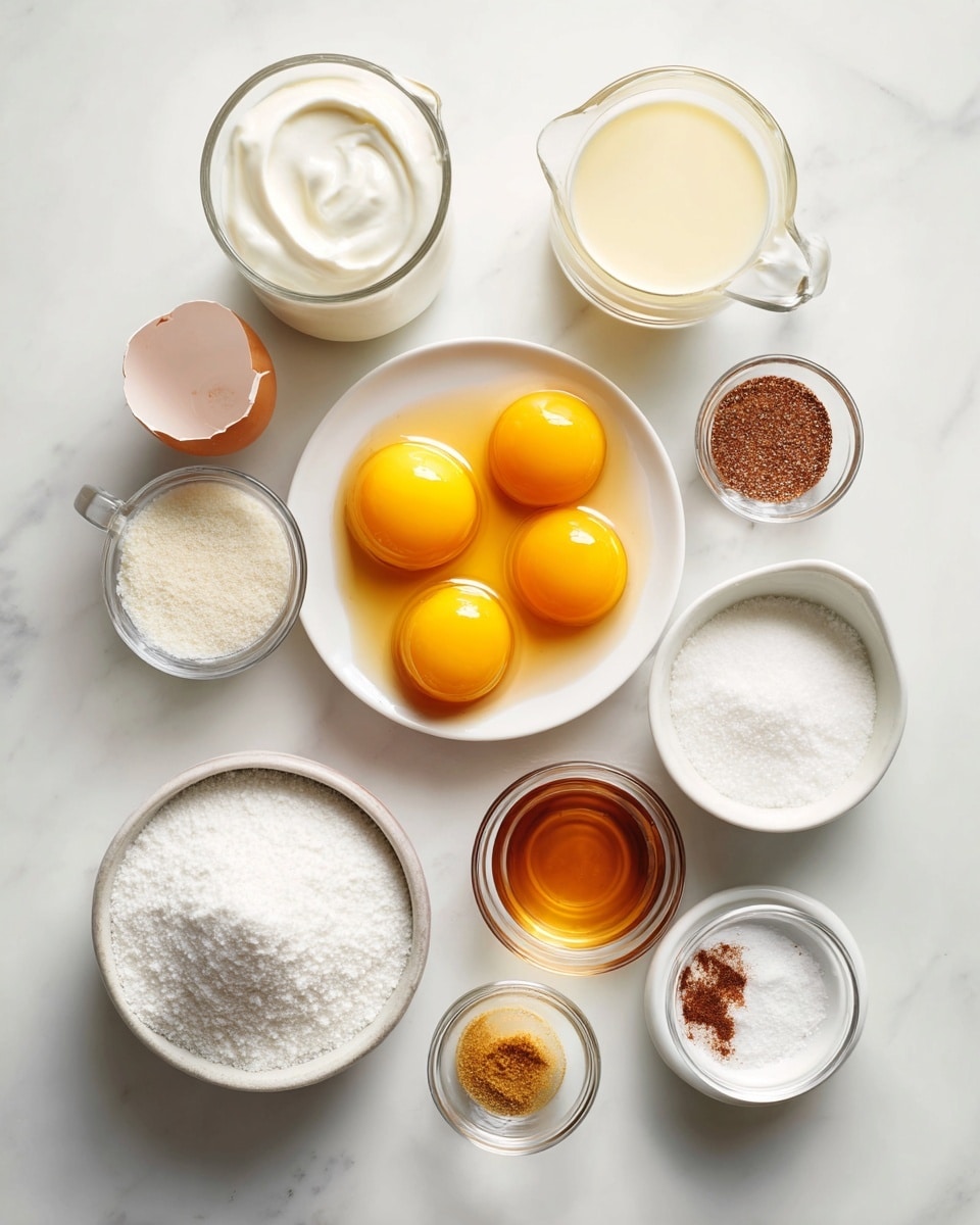 Top-down professional food photography flat lay style, bright white marble countertop, neatly arranged, evenly spaced, tidy, clean organized layout, include: small glass cup of whipping cream, small glass cup of eggnog, small plate with three large egg yolks, small bowl of granulated sugar, small bowl of vanilla essence, small bowl of ground nutmeg, small bowl of salt, small bowl of granulated sugar for topping, bright soft natural lighting, sharp focus, high detail textures, realistic reflections, professional DSLR look, 4K, no finished dish, no cooked food, no hands, no text, no watermark, no brand logos --ar 4:5 --v 7