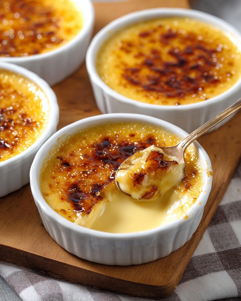The image shows four white ceramic ramekins filled with crème brûlée, placed on a wooden board over a checkered cloth. Each ramekin has a smooth, creamy yellow custard base topped with a thin, evenly caramelized brown sugar crust. One ramekin in the foreground has a spoon breaking through the caramelized top, revealing the soft, creamy custard beneath, with the caramel pieces lifting off. The overall look is warm with a mix of smooth cream and crispy, browned sugar topping. Photo taken with an iphone --ar 4:5 --v 7