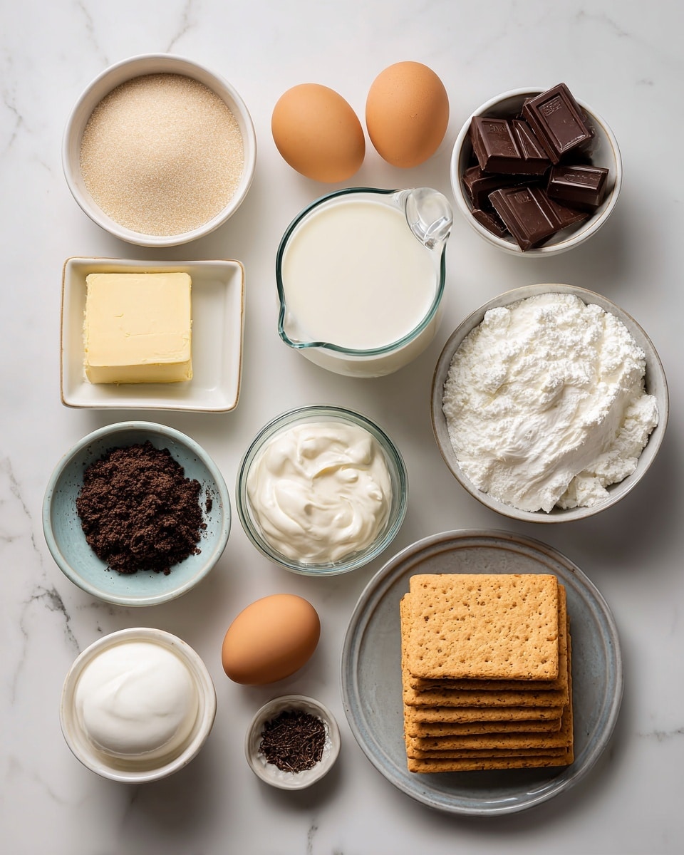 Top-down professional food photography flat lay style, bright white marble countertop, neatly arranged, evenly spaced, tidy, clean organized layout, include: small bowl of granulated sugar, small bowl of cream of tartar, two small plates with large egg whites, glass measuring cup of milk, glass measuring cup of whipping cream, small bowl with finely chopped dark chocolate, plate of graham crackers, bright soft natural lighting, sharp focus, high detail textures, realistic reflections, professional DSLR look, 4K, no finished dish, no cooked food, no hands, no text, no watermark, no brand logos --ar 4:5 --v 7