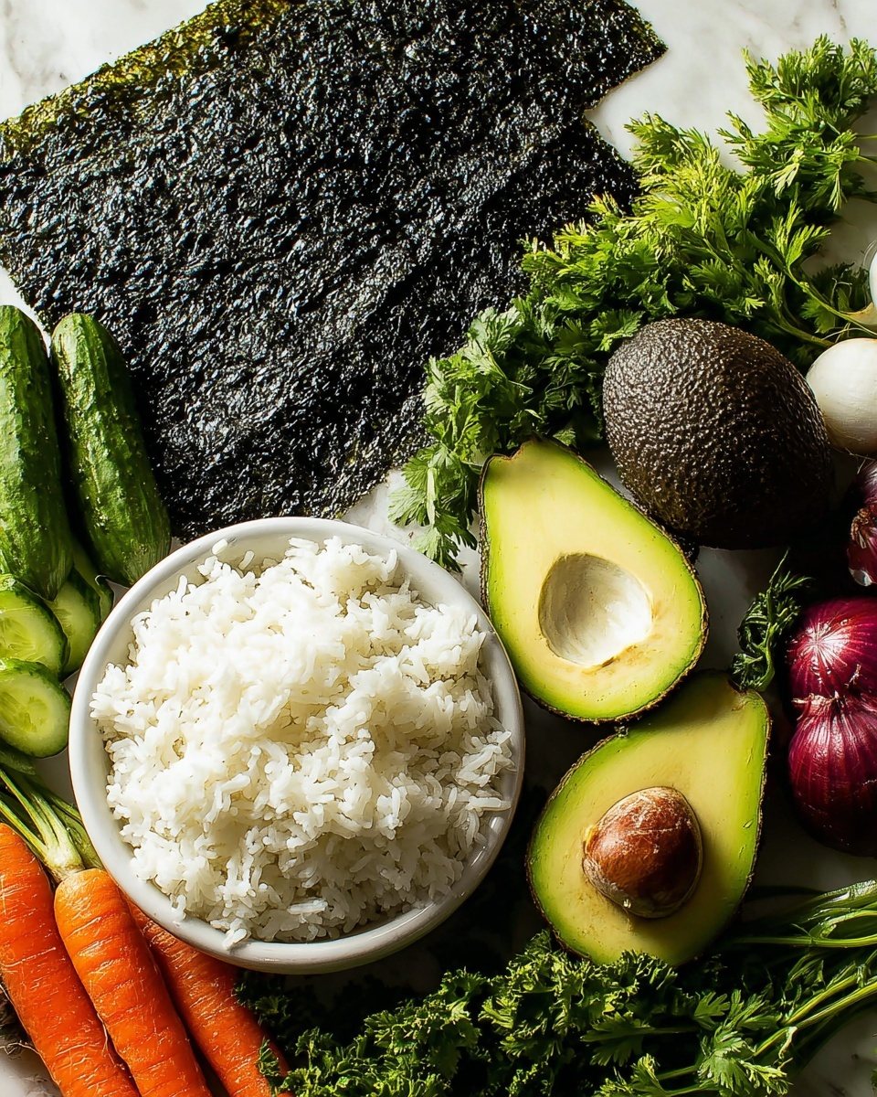 The image shows a white bowl filled with fluffy white rice placed on a white marbled surface. To the right of the bowl, there are two halves of a ripe avocado with green flesh and brown seeds, and a whole dark green avocado nearby. A large square sheet of dark seaweed is positioned behind the bowl and avocados. Around these main items, there are fresh green herbs, small green cucumbers, two orange carrots, and a reddish-purple onion. The colors are vibrant with strong contrasts between the dark green seaweed, bright green vegetables, and white rice. photo taken with an iphone --ar 4:5 --v 7
