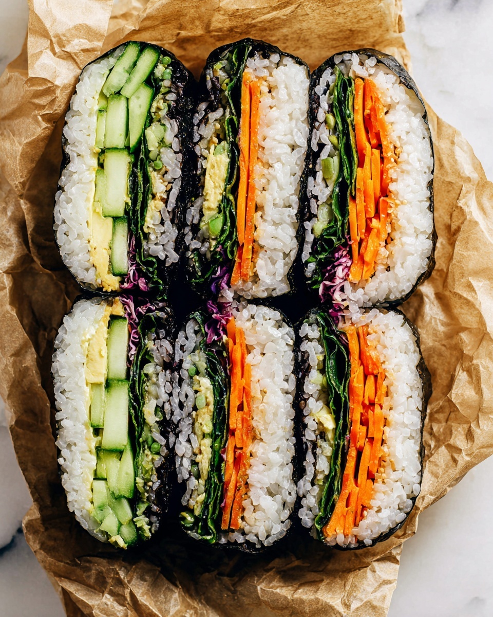 The image shows four thick slices of sushi roll placed on crumpled brown paper over a white marbled surface. Each sushi slice has a dark outer seaweed layer wrapped tightly around a thick layer of white sticky rice. Inside, from left to right, there is a layer of thin, bright green cucumber strips, followed by orange carrot sticks arranged in a row, then dark green leafy vegetables, and small pieces of light purple pickled vegetables. The colors of each layer are vivid and the textures of fresh vegetables and sticky rice are clear. photo taken with an iphone --ar 4:5 --v 7