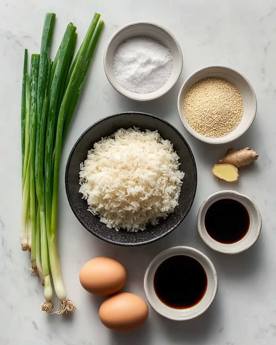 The image shows eight ingredients placed neatly on a white marbled surface. In the center bottom, there is a black bowl filled with white cooked rice. To the left, there is a bunch of fresh green onions, standing upright with roots at the bottom and long green stalks extending upwards. Above the rice bowl, in the middle top, a small white bowl is filled with coarse white salt. To the left of the salt bowl, another small white bowl contains pale yellow sesame seeds. Slightly below the sesame seeds and to the right, there is a piece of sliced ginger with pale yellow flesh. To the right of the salt bowl, two fresh light brown eggs sit side by side, one directly to the right of the salt and the other below it. Between the eggs and the rice bowl are two tiny white bowls filled with dark soy sauce and light brown liquid placed vertically. The overall scene is clean, simple, and well-organized. photo taken with an iphone --ar 4:5 --v 7