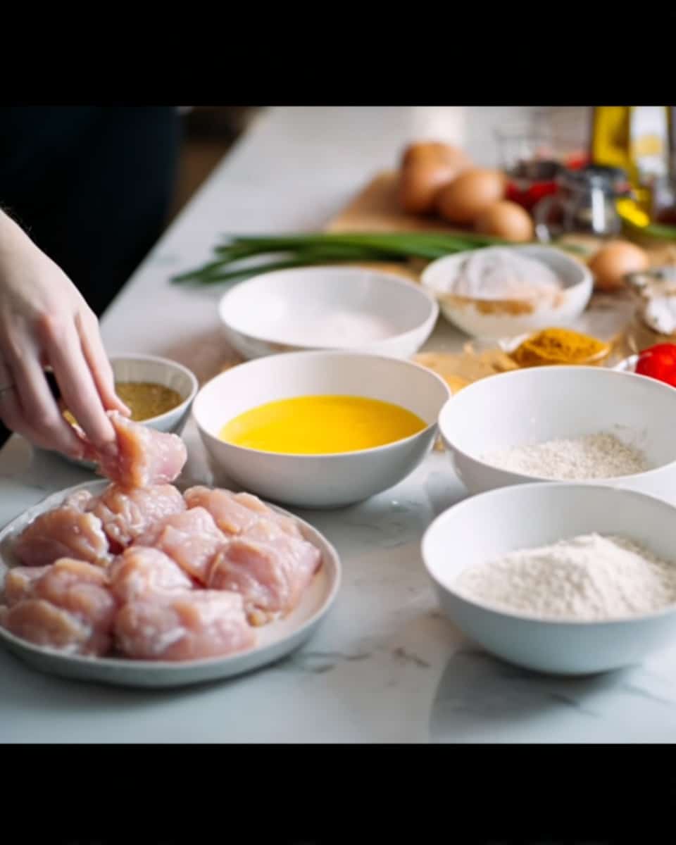 The image shows a woman’s hand dipping a piece of raw chicken into a bowl of yellow beaten eggs, arranged in the center among three bowls on a white marbled surface. The bowl of beaten eggs is flanked by a bowl of white flour on the right and a bowl of white breadcrumbs on the left. In front of these bowls, there is a white plate filled with light pink raw chicken pieces. In the background, there are some vegetables and seasonings slightly blurred, all sitting on the white marbled surface. Photo taken with an iphone --ar 4:5 --v 7