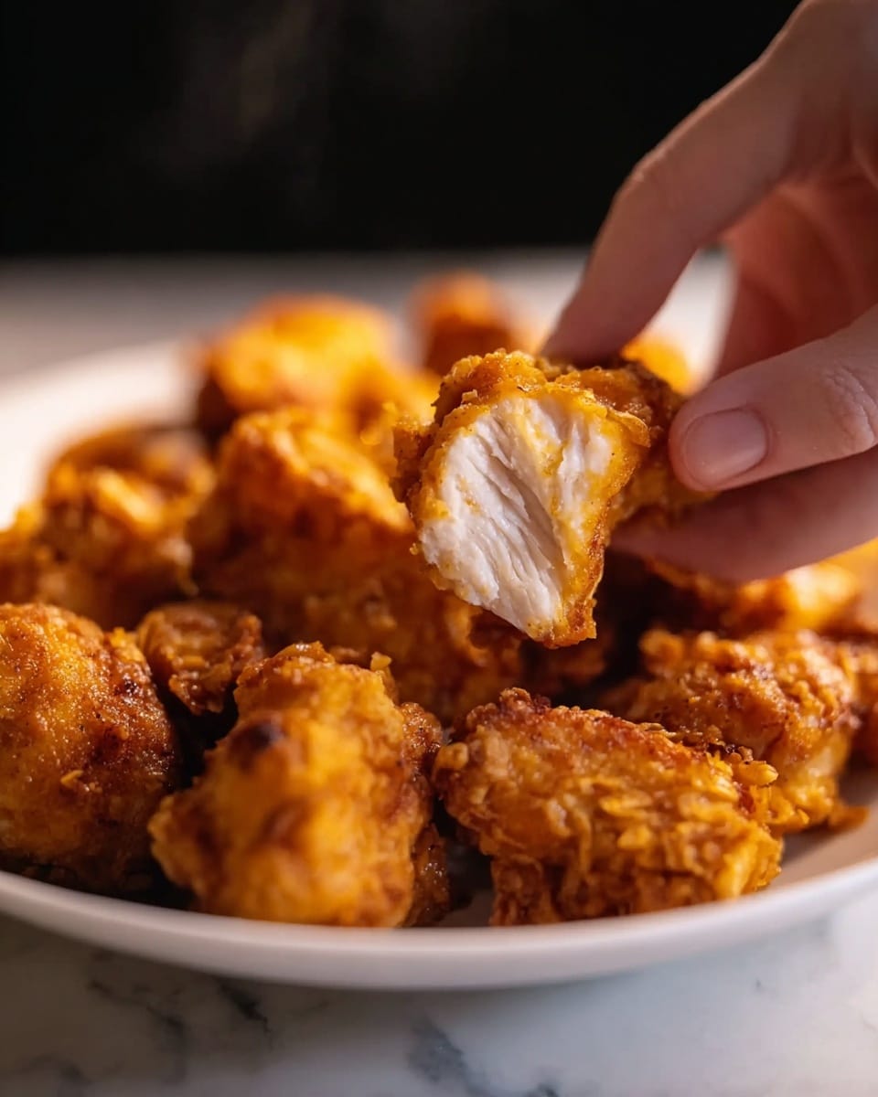 A close-up view shows a woman's hand holding a small, golden-brown crispy piece of fried chicken with a visible white and tender inside, surrounded by a pile of similar fried chicken pieces resting in a white plate, all placed on a white marbled surface. The lighting highlights the crispy texture and warm color of the chicken skin, while steam rises softly in the background suggesting freshness. photo taken with an iphone --ar 4:5 --v 7