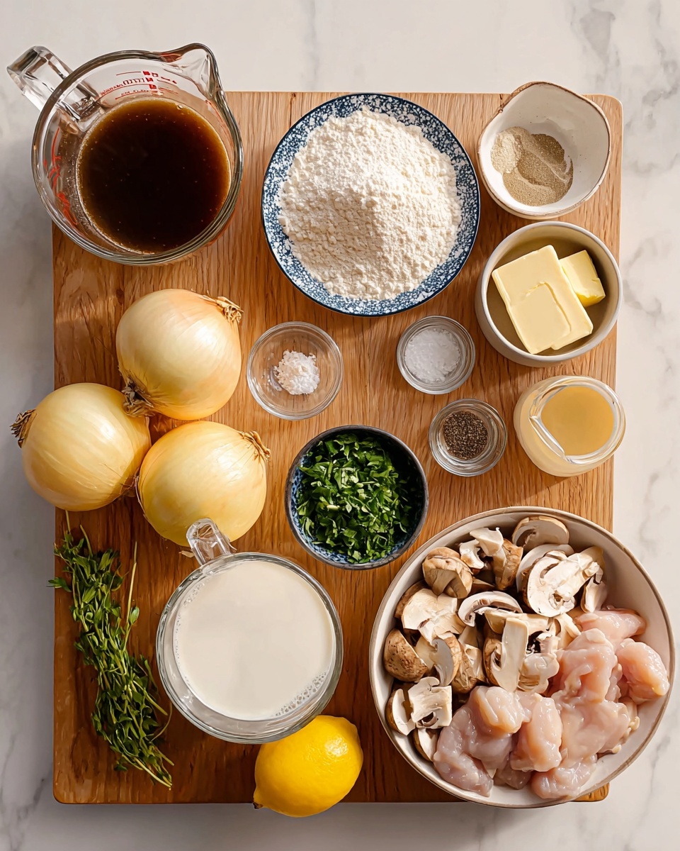 A wooden board placed on a white marbled surface holds various ingredients for cooking. On the board’s top left, there is a clear glass measuring cup filled with dark brown broth. Below it, three whole yellow onions rest next to a small white dish holding two pats of butter. To the right of the onions is a round white plate with a blue pattern, filled with white flour. Next to it is a clear measuring cup with white milk and a small bundle of fresh green herbs. Above these items, small bowls contain garlic cloves, black pepper, salt, and a small glass jug of cream. On the right side of the board, a clear bowl holds pieces of raw chicken, and next to it is a white bowl piled high with sliced mushrooms. A yellow lemon is placed near the mushroom bowl. The photo has natural light and a clean, simple setup. photo taken with an iphone --ar 4:5 --v 7