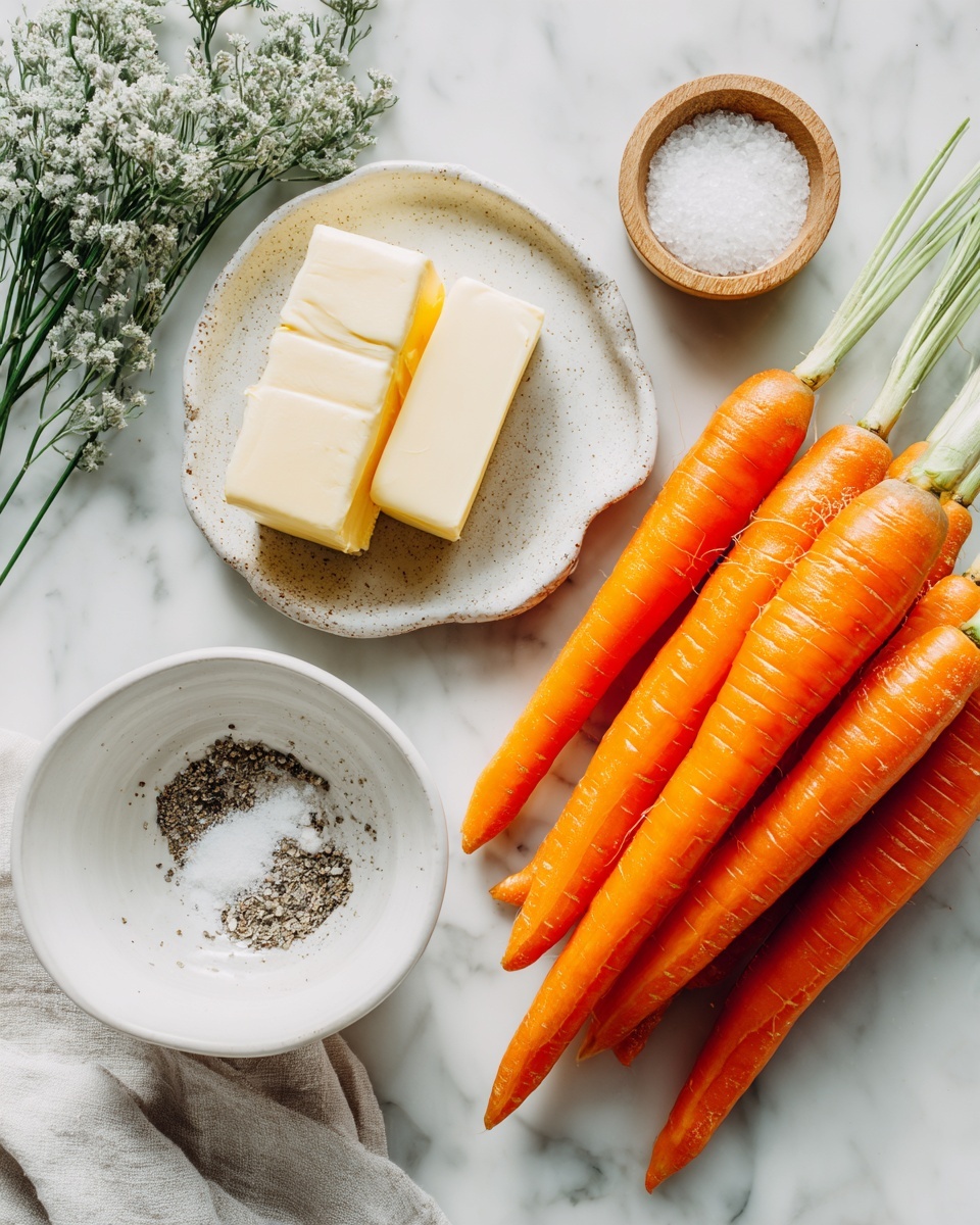Top-down professional food photography flat lay style, bright white marble countertop, neatly arranged, evenly spaced, tidy, clean organized layout, include: small plate of salted butter, bowl of peeled Chantenay carrots, small bowl of white pepper, bright soft natural lighting, sharp focus, high detail textures, realistic reflections, professional DSLR look, 4K, no finished dish, no cooked food, no hands, no text, no watermark, no brand logos --ar 4:5 --v 7