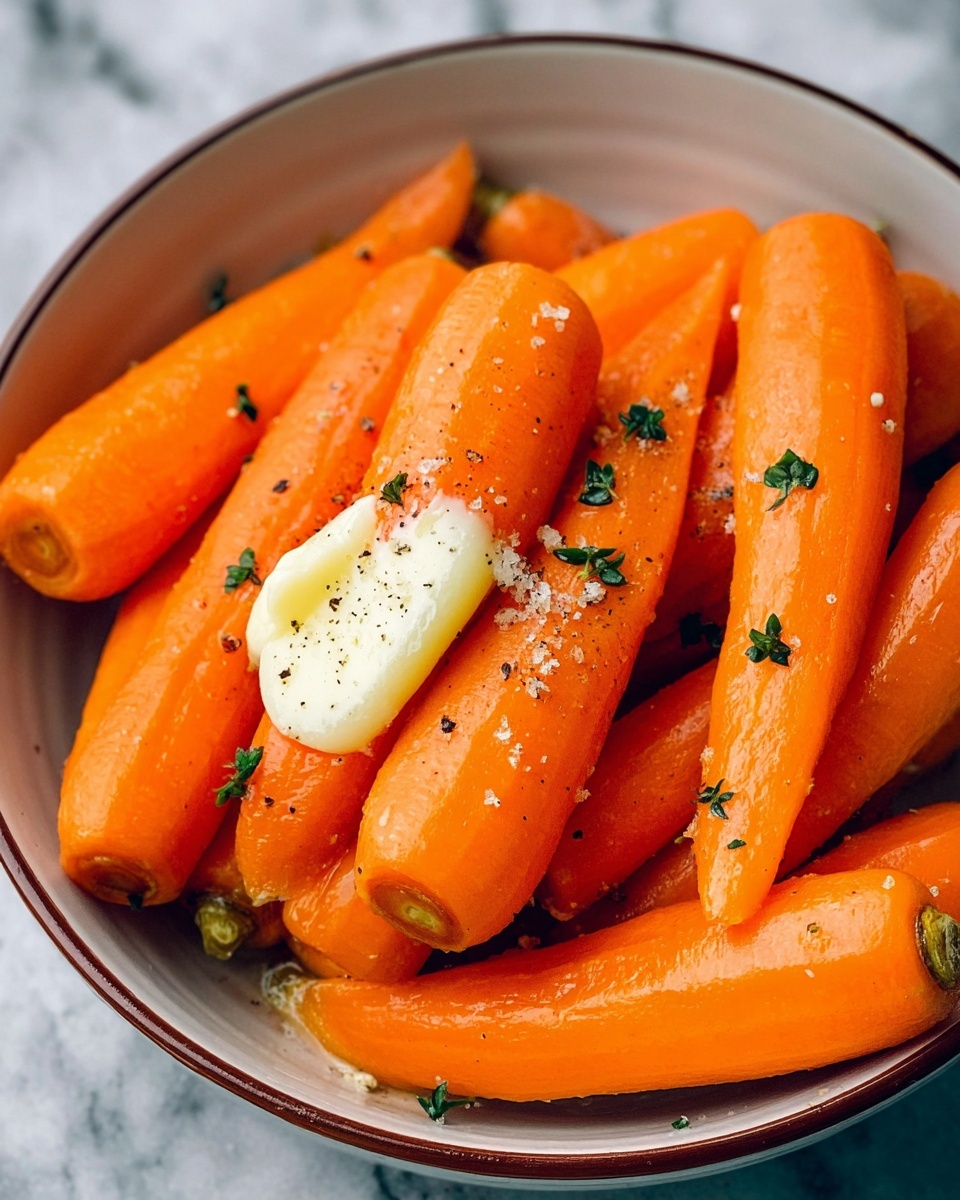 A bowl filled with several bright orange carrots, peeled and topped with small green herb leaves and a light sprinkle of black pepper. One carrot near the center has a dollop of smooth, white butter melting on it, adding a creamy texture contrast. The bowl is white with a brown rim, sitting on a white marbled surface. The carrots look fresh, shiny, and slightly glistening from the butter and seasoning. photo taken with an iphone --ar 4:5 --v 7