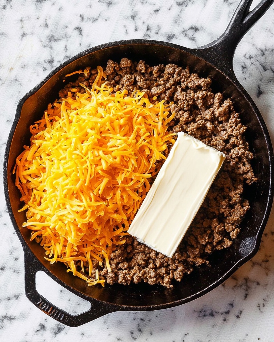 A top view of a black cast iron pan filled with cooked ground beef forming the base layer, topped with a pile of bright orange shredded cheese on the left side, and a rectangular block of cream cheese sitting next to the cheese on the right side. The surface underneath is a white marbled texture. photo taken with an iphone --ar 4:5 --v 7