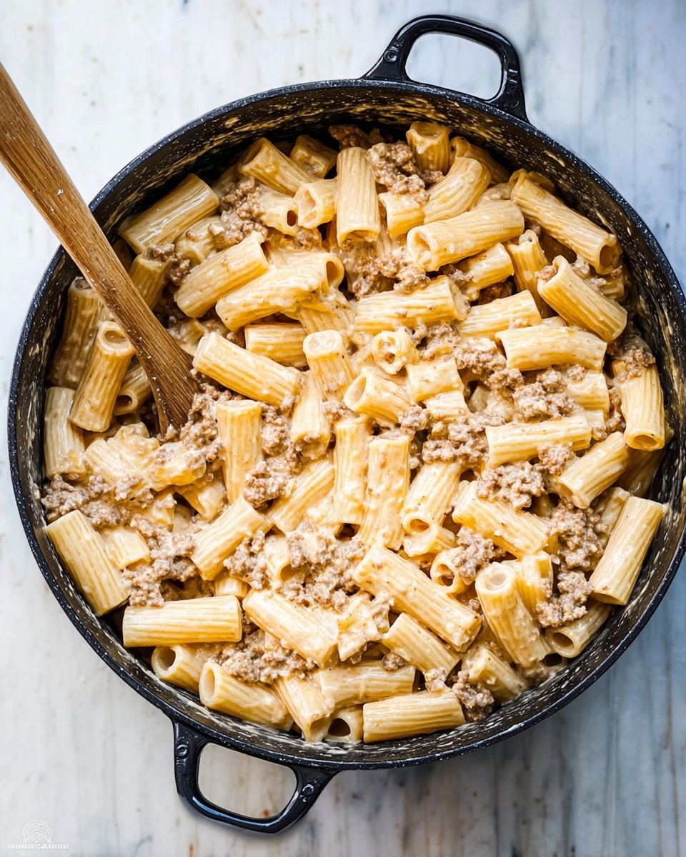 The image shows a black cast iron pot filled with rigatoni pasta mixed with a creamy sauce and ground meat. The rigatoni pasta is pale yellow with ridges on the surface, evenly coated in a light beige creamy sauce that has small chunks of ground meat scattered throughout. A wooden spoon is partially visible on the left side, stirring the pasta. The pot is placed on a white marbled surface, and the texture of the sauce appears smooth and rich, clinging to the pasta pieces. Photo taken with an iphone --ar 4:5 --v 7