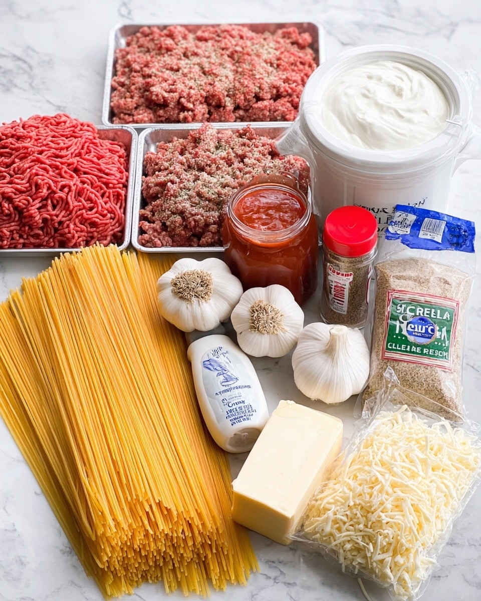 The image shows ingredients for an Italian pasta dish arranged neatly on a white marbled surface. There are two trays of ground meat, one red and one mixed with seasoning, placed at the back left. In front of the meat, two whole garlic bulbs sit beside a large bunch of uncooked yellow spaghetti noodles spread out horizontally. Moving to the right, a jar of red pasta sauce stands tall behind a white bucket of ricotta cheese. In front of these, there is a tube of white sour cream, a clear spice bottle with a red cap labeled Italian seasoning, a bag of shredded mozzarella cheese to the far right, and a block of cream cheese near the front right corner. The ingredients are organized clearly, showing off a mix of colors and textures – red meat and sauce, white cheeses and cream, and yellow pasta – all on the white surface. photo taken with an iphone --ar 4:5 --v 7