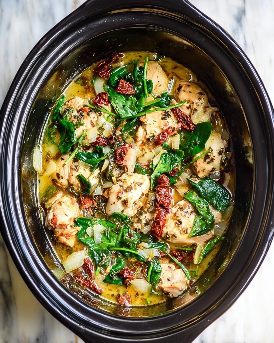 The dish is served in a black slow cooker filled with cooked chicken pieces that are light golden-brown, partially submerged in a broth that has a light yellow color with visible herbs and small bits. There are fresh spinach leaves scattered evenly on top, bright green and wilted. Sun-dried tomatoes add a dark red contrast, while chunks of diced onions bring a translucent white layer scattered throughout. The slow cooker sits on a white marbled surface. photo taken with an iphone --ar 4:5 --v 7