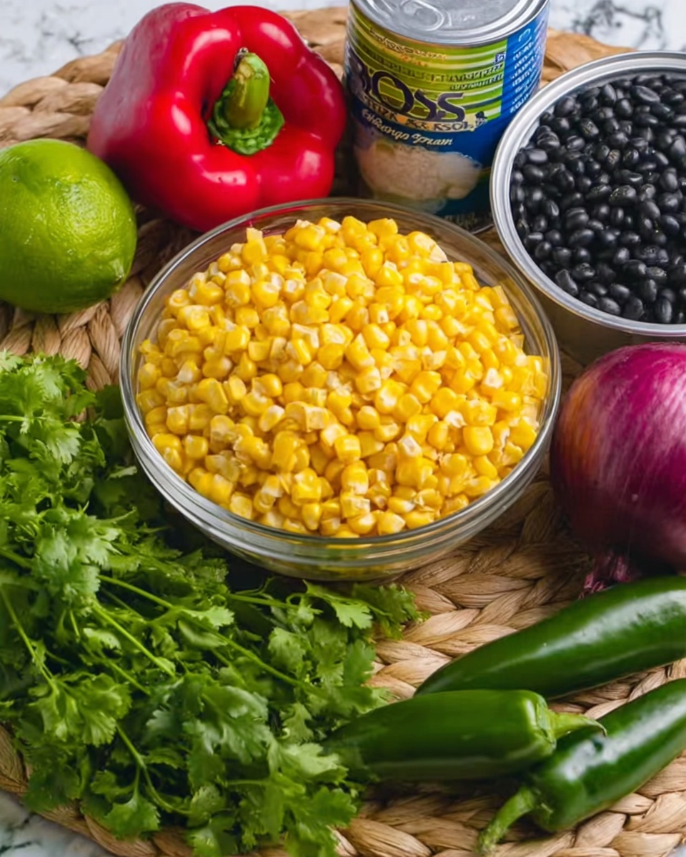 The image shows a single clear glass bowl filled to the top with bright yellow corn kernels. The bowl is placed on a woven straw mat with a white marbled surface underneath. Surrounding the bowl are fresh vegetables and ingredients: a red bell pepper on the left, a lime with a rough green skin next to it, a can of black beans behind the bowl, a dark purple onion on the right, several green jalapeño peppers, a bunch of fresh green cilantro leaves in front of the onion, and a container of coarse kosher salt standing behind the bowl. The colors in the image are bright and natural, with a mix of green, red, yellow, and purple. photo taken with an iphone --ar 4:5 --v 7