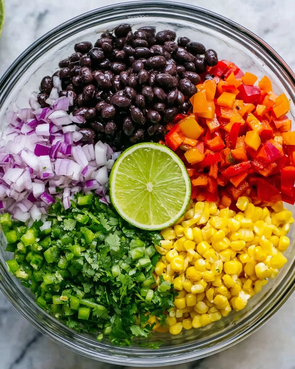 A clear glass bowl sits on a white marbled surface, filled with six distinct layers of colorful ingredients neatly arranged in sections. Starting at the top and moving clockwise, the first layer shows glossy black beans with a slightly shiny texture, followed by finely chopped red bell peppers with a bright orange-red color. Next, there is a layer of small green jalapeño pieces, dense and fresh looking. At the bottom, there is a section of vibrant yellow corn with a smooth, round texture. Moving left, fresh, chopped cilantro with bright green leaves is visible, and at the top left, finely diced red onion with light purple and white bits completes the circle. In the center of the bowl sits a halved lime, showing its fresh green inner segments. photo taken with an iphone --ar 4:5 --v 7