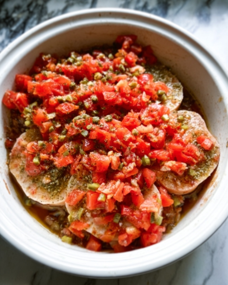 A white bowl filled with several round, light brown slices of cooked food arranged in a single layer covering the bottom. On top, there is a chunky layer of chopped red tomatoes mixed with small green pieces evenly spread over the slices. The bowl is placed on a white marbled surface. Photo taken with an iphone --ar 4:5 --v 7