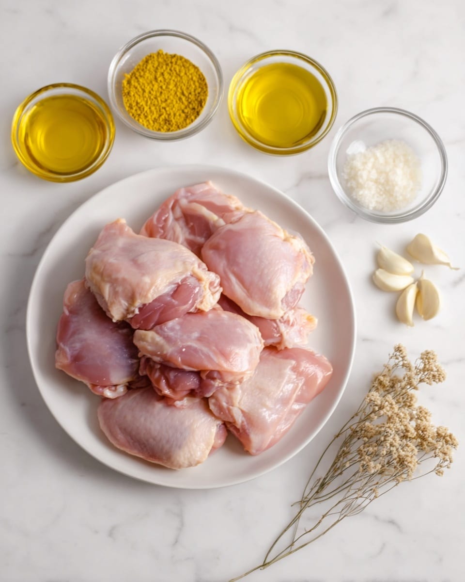 A white round plate holds several raw pink chicken thighs stacked slightly on each other showing smooth and moist texture. Around the plate on a white marbled surface, small clear glass bowls contain yellow mustard, golden olive oil, bright yellow lemon zest, white salt, and peeled white garlic cloves scattered loosely. A small dried twig with tiny beige flowers lies near the mustard bowl. Photo taken with an iphone --ar 4:5 --v 7