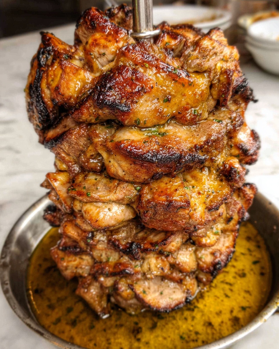 A tall stack of grilled meat pieces in golden brown and light yellow colors, layered unevenly and tightly packed on a metal spit in the center of a round white pan. The meat shows a charred, crispy texture with some darker brown spots, and shiny juices soak the bottom of the pan. The background is a white marbled surface. Photo taken with an iphone --ar 4:5 --v 7