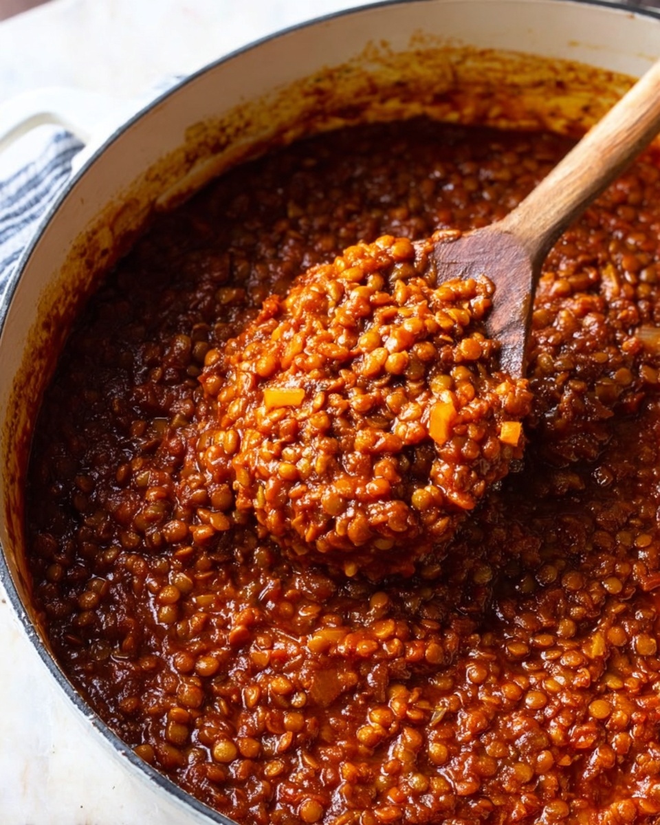 A large white pot filled with thick, chunky lentil stew that has a deep reddish-brown color and a slightly textured surface from the small lentils and vegetables. A wooden spoon is lifting a portion of the stew, showing a dense and moist layer of lentils mixed with small pieces of carrots and onions throughout. The pot is shown close-up on a white marbled surface. The edges of the pot have some sauce stains, adding to the rustic look. photo taken with an iphone --ar 4:5 --v 7