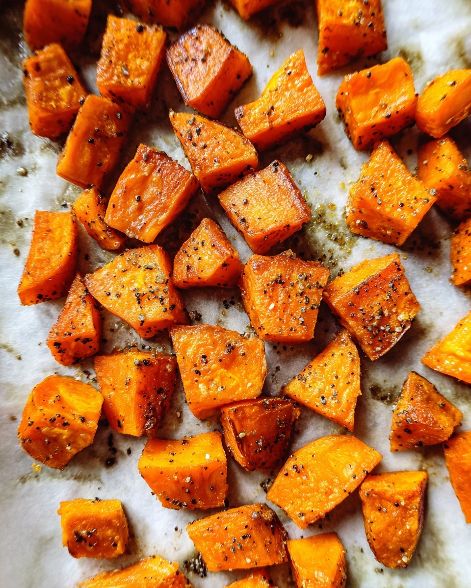 Small orange roasted sweet potato cubes are scattered on white marbled parchment paper. The cubes have a slightly crispy texture with darker specks of black pepper and salt sprinkled on top. The cubes vary in size and shape, showing some browning on the edges, and the surface looks lightly oily and well-seasoned. Photo taken with an iphone --ar 4:5 --v 7