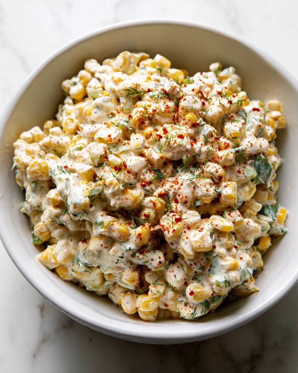 A white bowl filled with a creamy corn salad, showing a mix of yellow corn kernels and small green herb pieces in a thick white sauce, lightly sprinkled with red spice bits on top. The corn and herbs are mixed evenly throughout, giving a textured look of soft and slightly chunky bits. The bowl rests on a white marbled surface, and the creamy salad layers fill the bowl loosely but fully. The colors are mainly creamy white, pale yellow, green, and small red specks. photo taken with an iphone --ar 4:5 --v 7